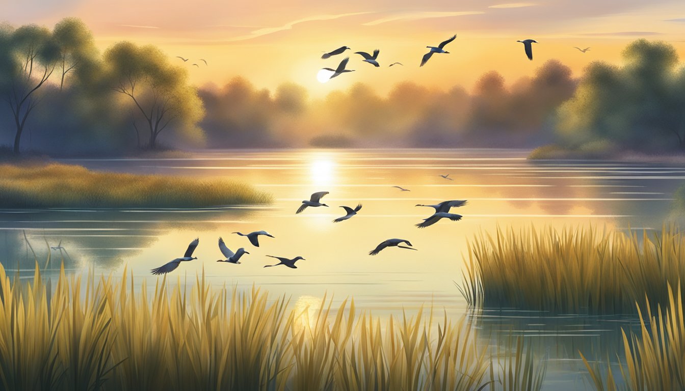 A serene lakeside with a flock of migratory birds in flight, surrounded by lush trees and reeds, under the soft glow of the setting sun