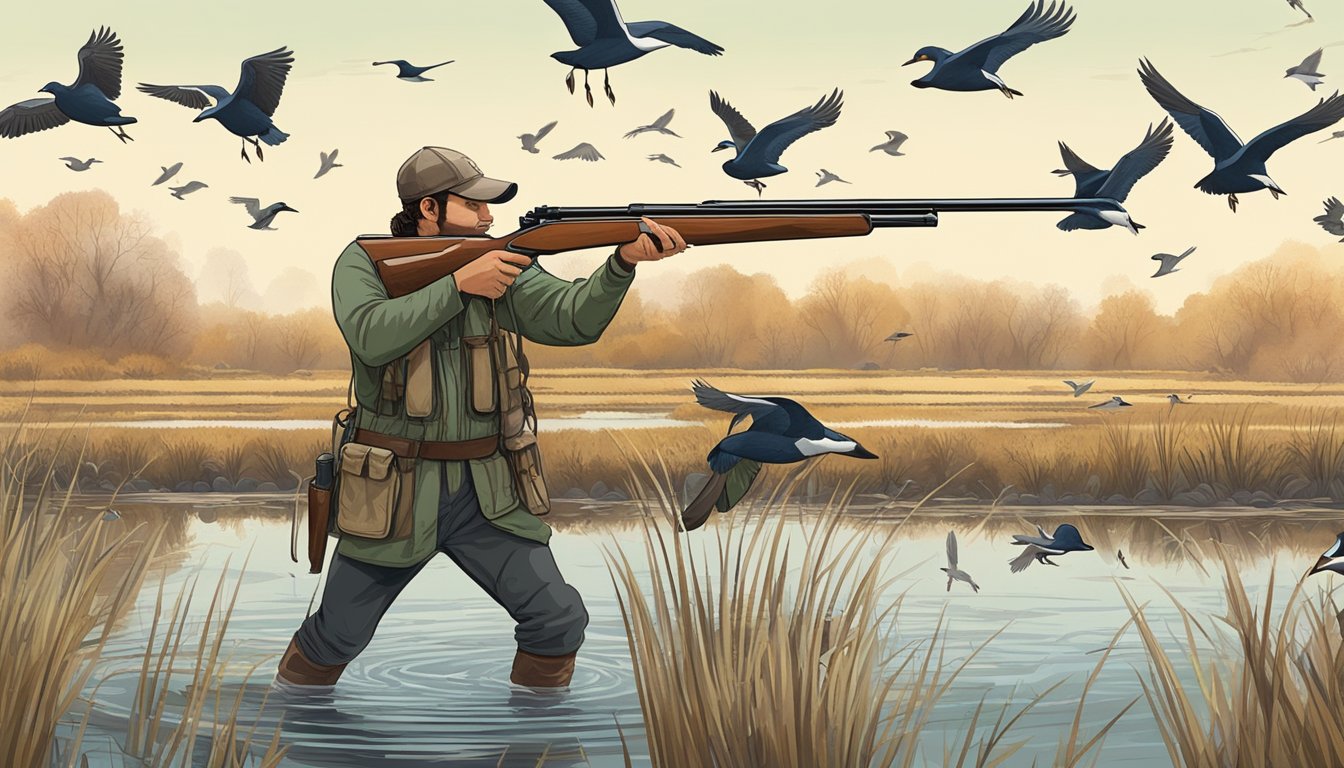 A hunter aiming a shotgun at a flock of migratory birds in a wetland habitat