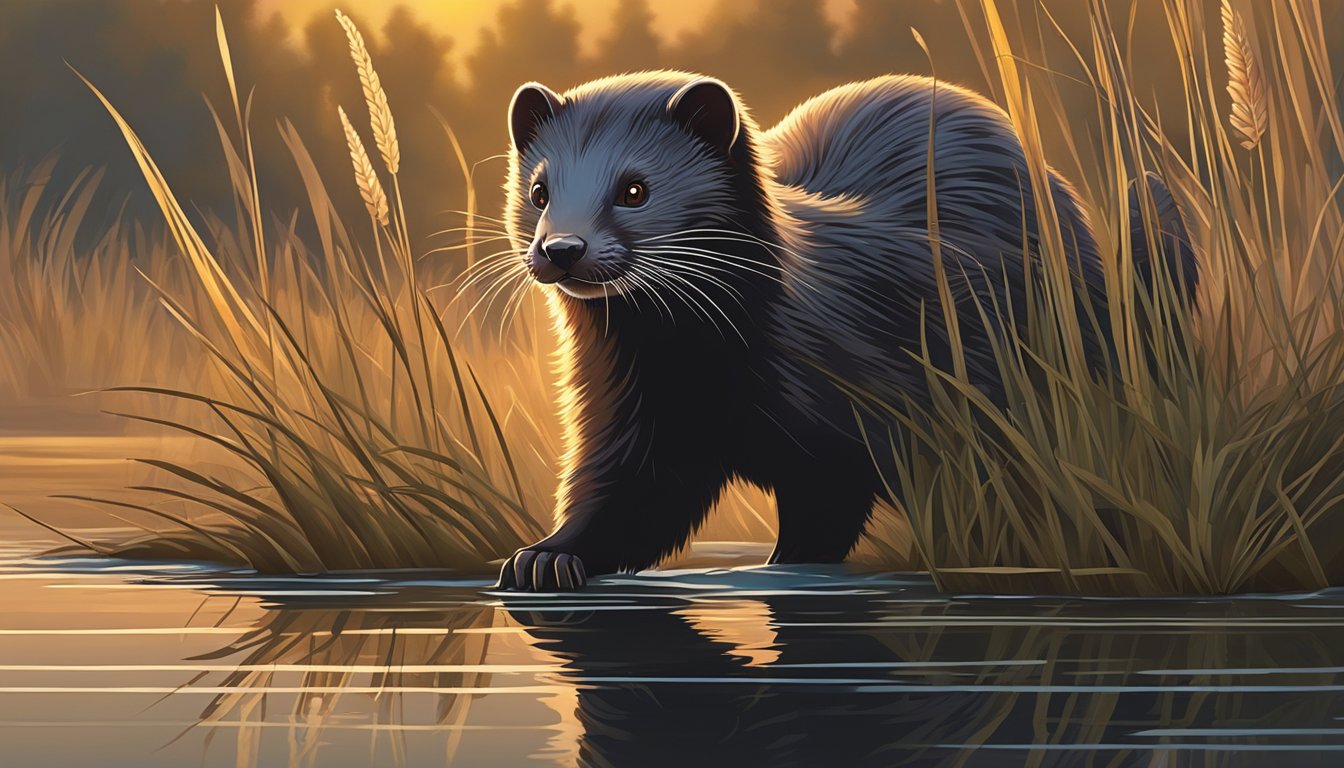 A mink stealthily stalks through a marsh, its sleek body poised for a quick strike. Tall grasses sway in the breeze as the sun sets, casting a warm glow over the scene