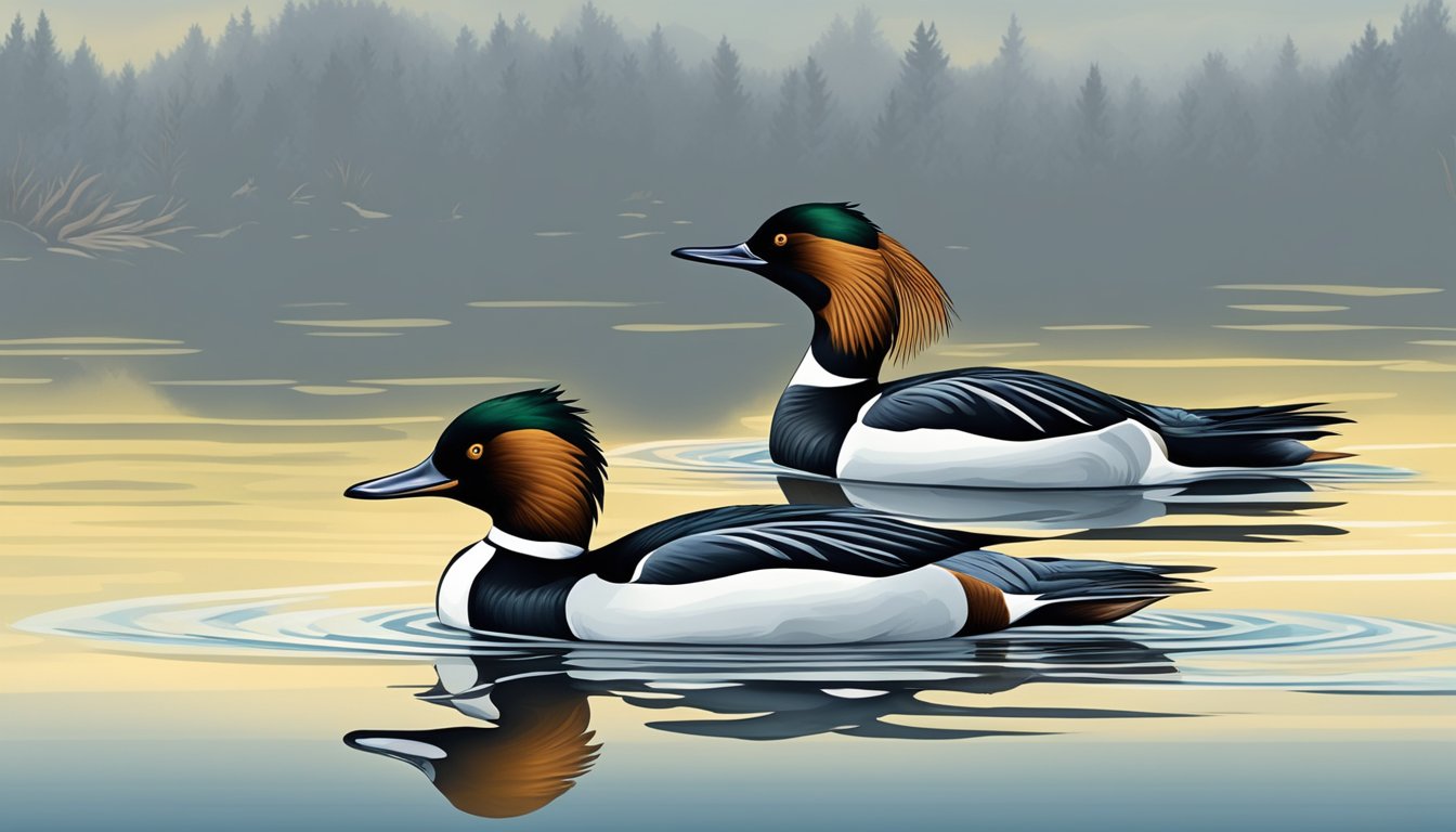 A group of mergansers swim in a calm lake, their sleek bodies gliding effortlessly through the water as they hunt for their prey