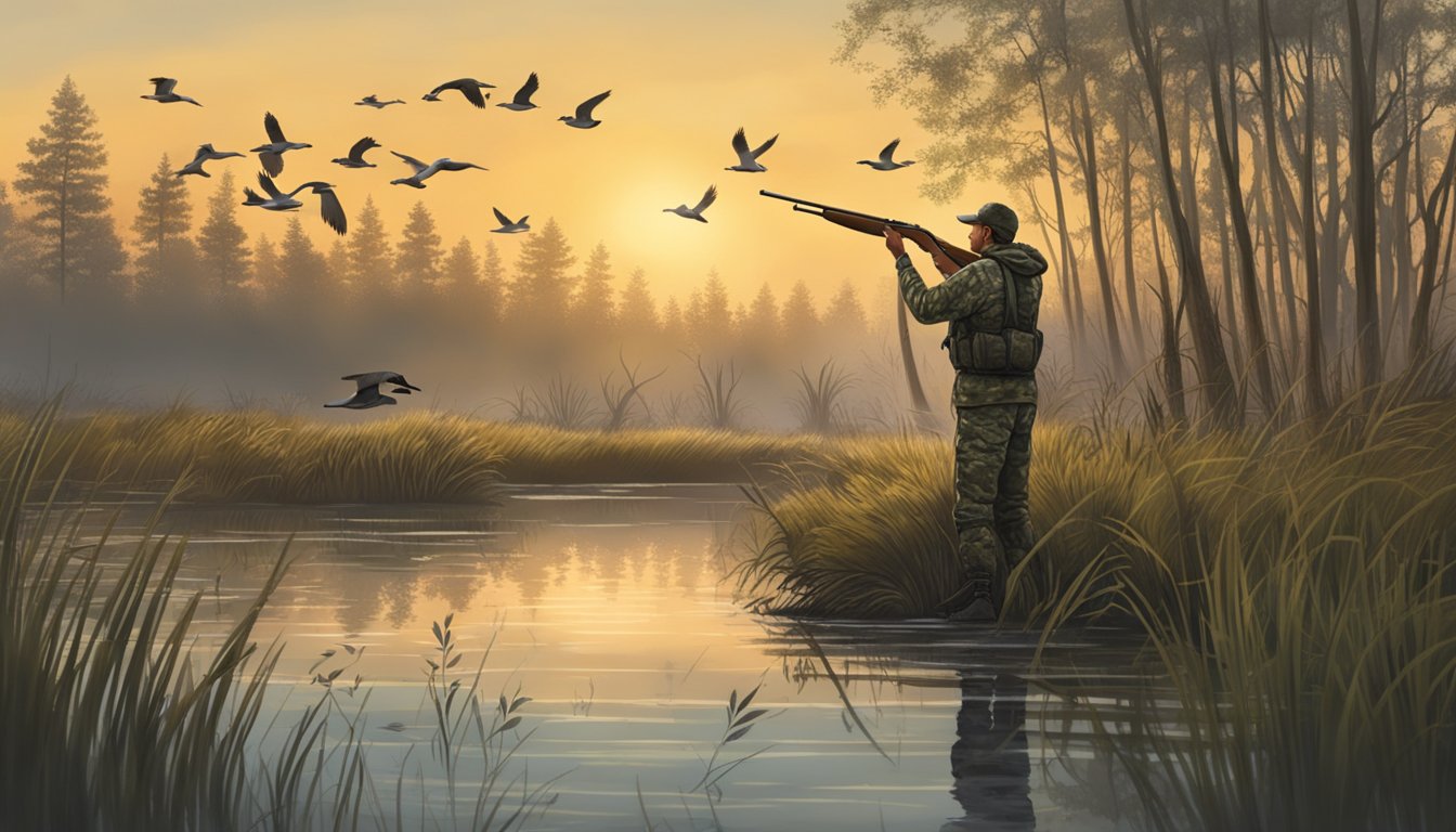 A hunter in camouflage aims at a flock of mergansers in a marshy wetland at dawn