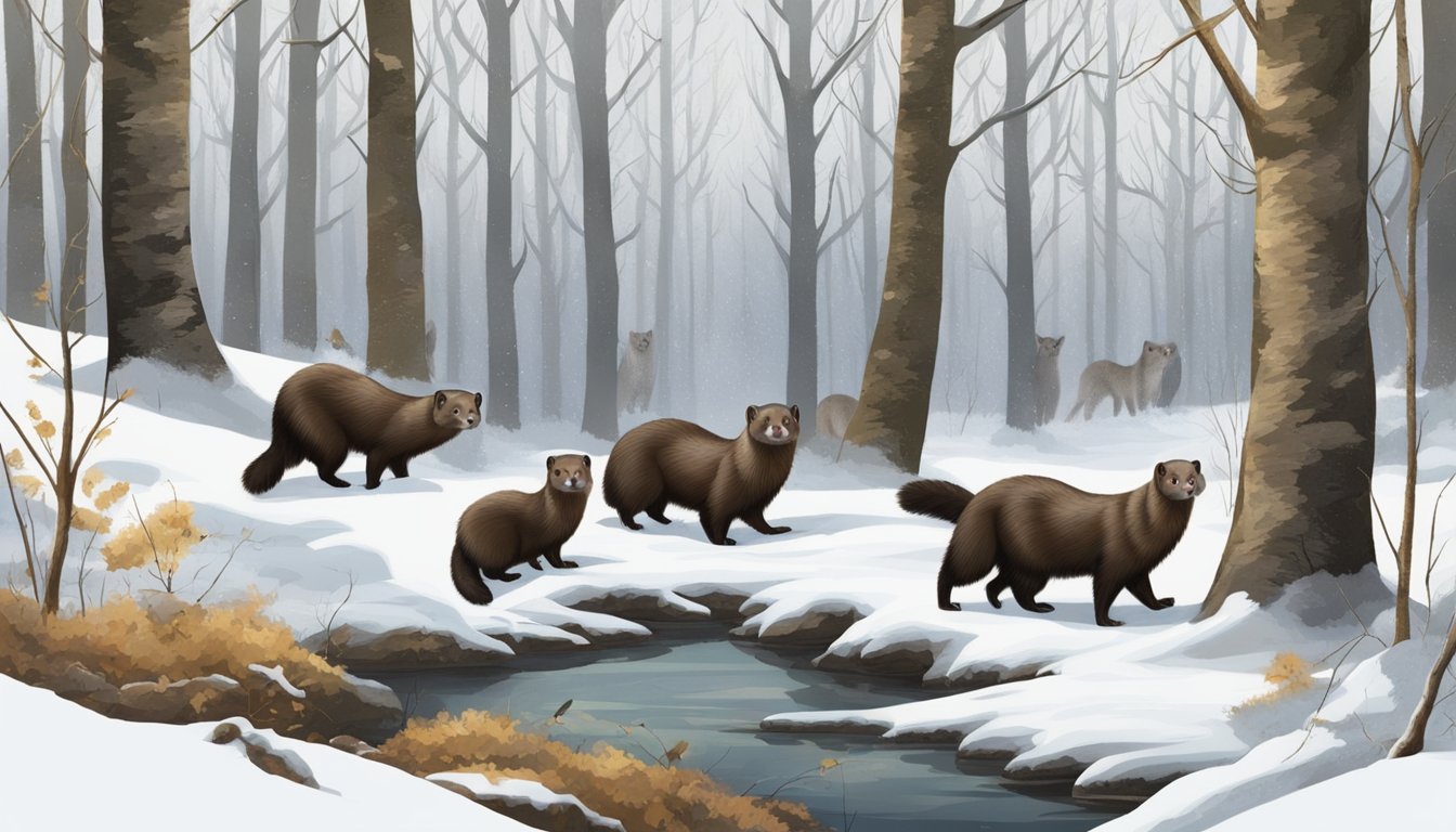 A group of minks in a forest during hunting season, with snow on the ground and bare trees