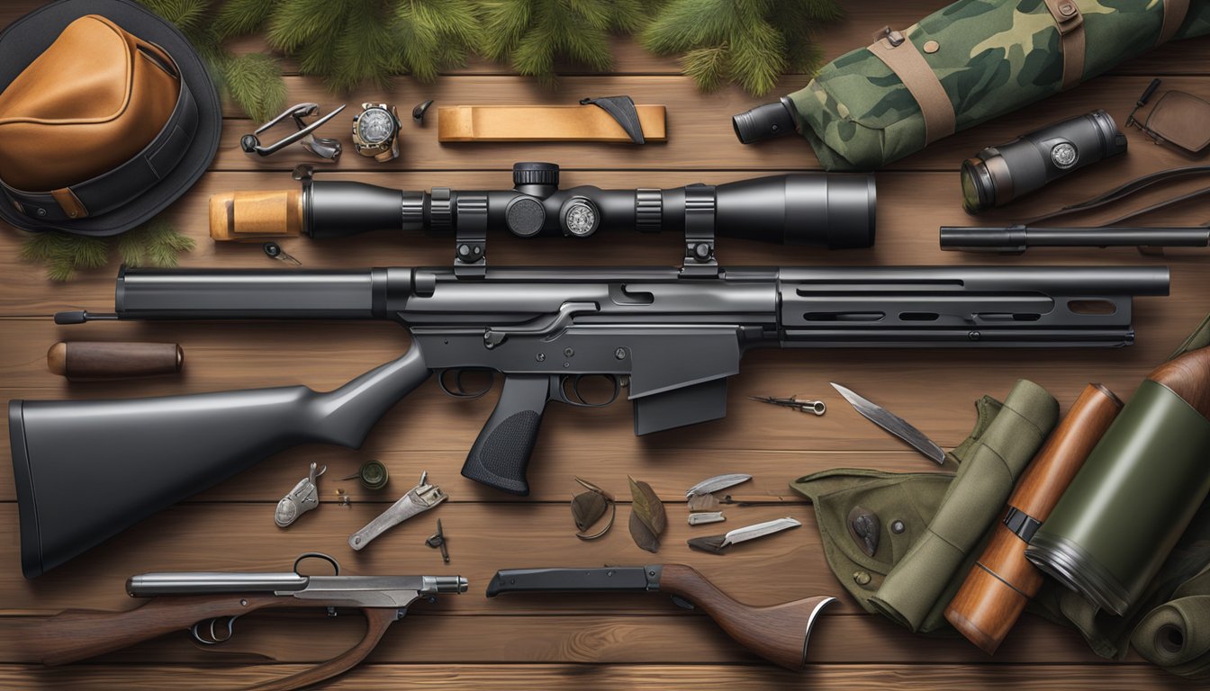 A hunter's gear and firearms laid out on a wooden table, surrounded by the natural elements of a forest