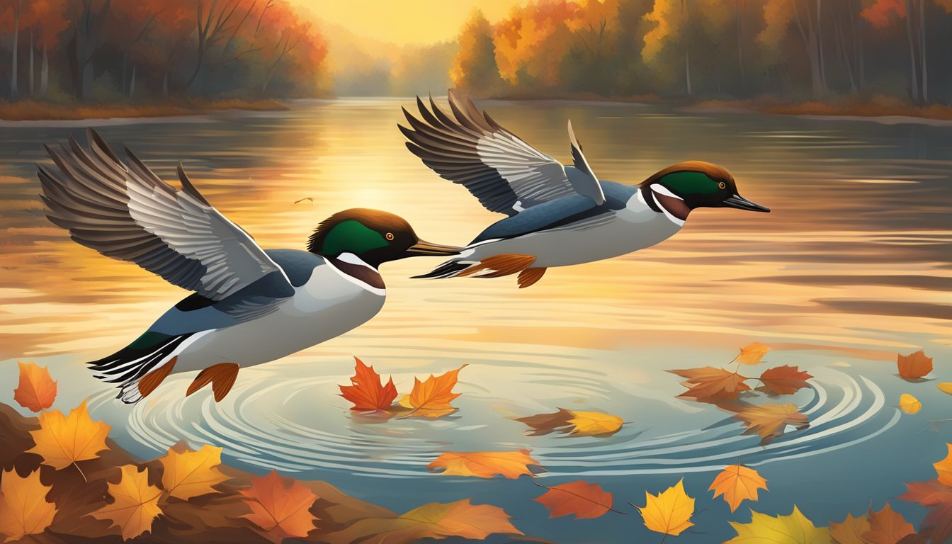 Mergansers dive into the water, surrounded by colorful autumn leaves and a backdrop of a setting sun