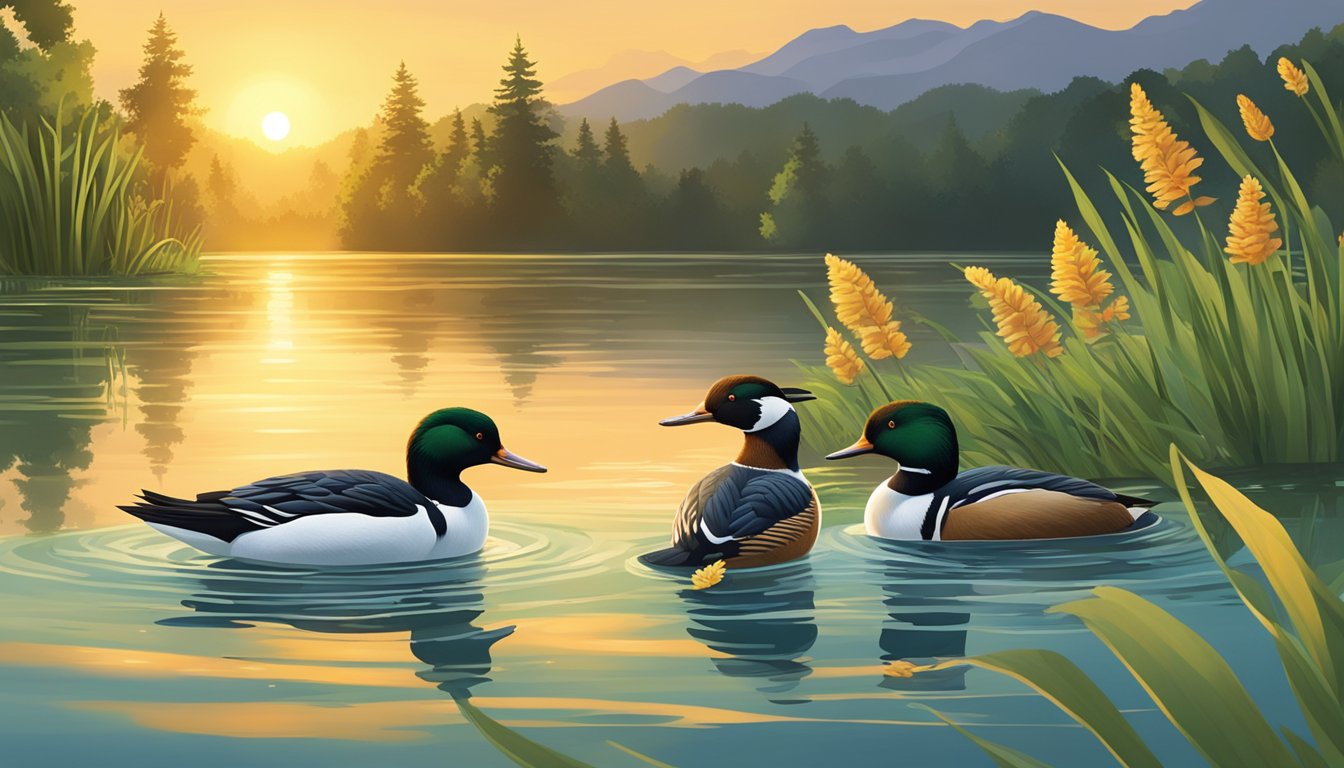 Mergansers swimming in a serene lake, surrounded by lush greenery. The sun sets over the horizon, casting a warm glow on the water