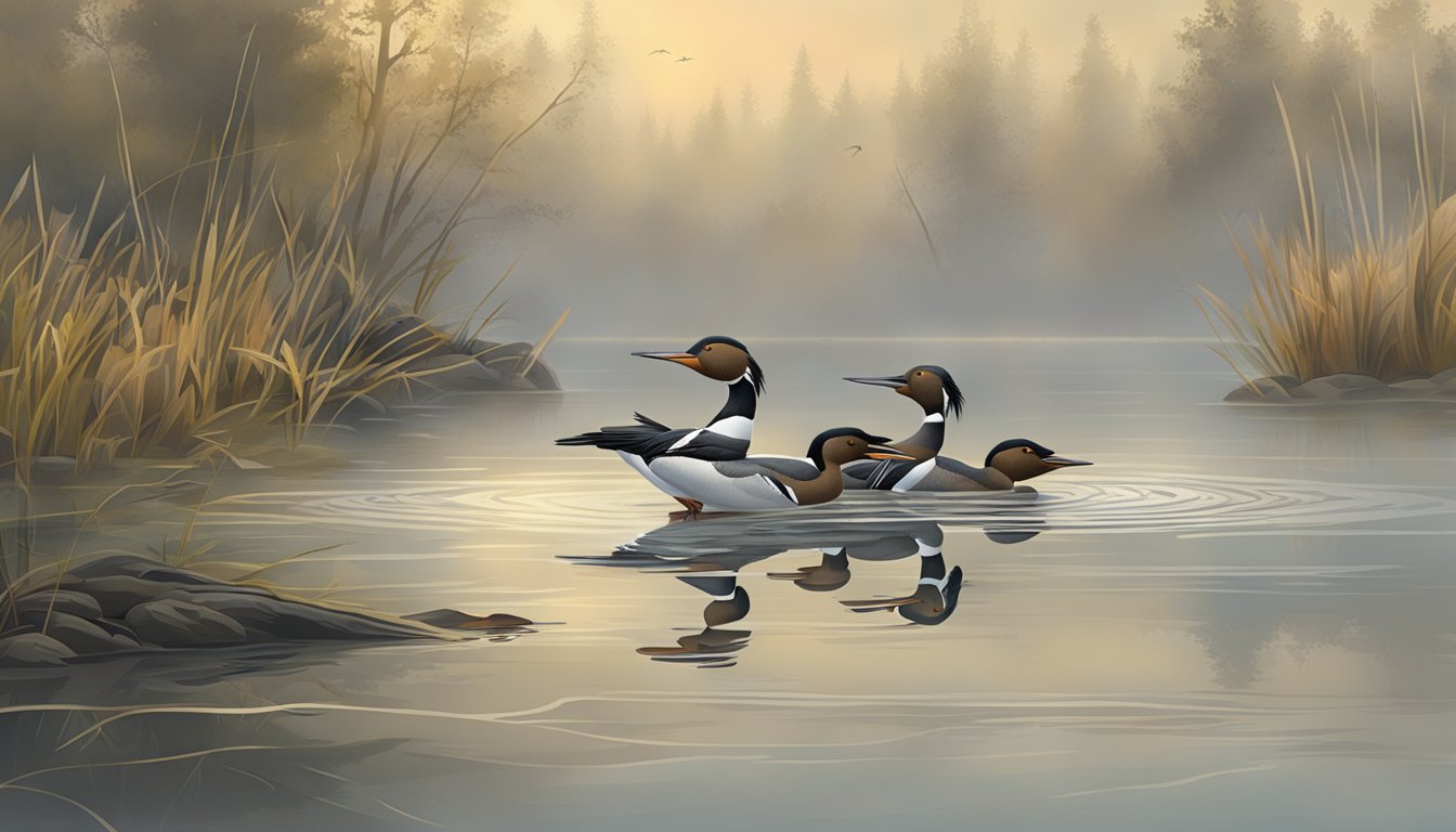 Mergansers diving and fishing in a serene, misty marsh during the additional waterfowl hunting season