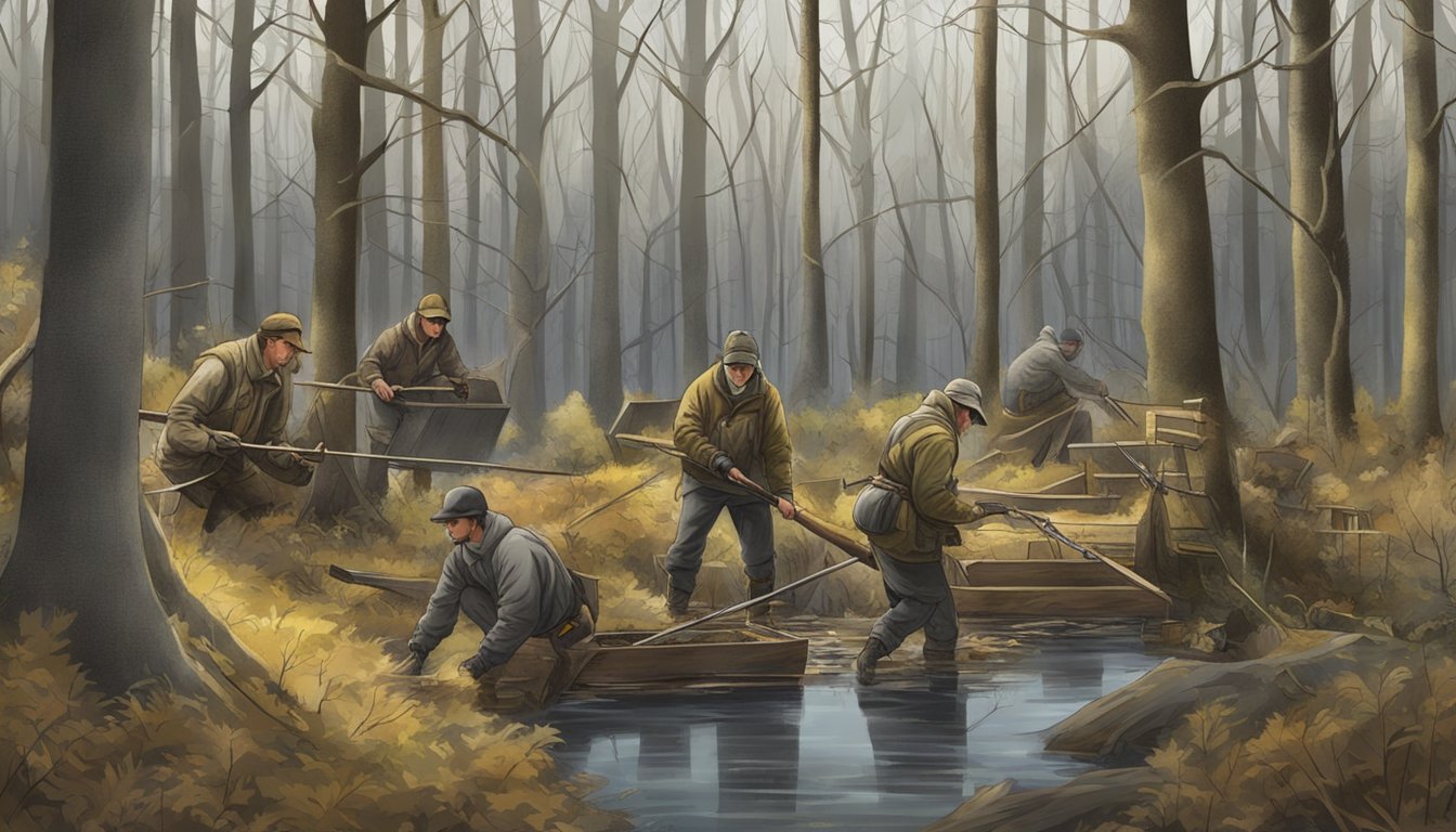 Mink hunters setting traps in a wooded area during hunting season