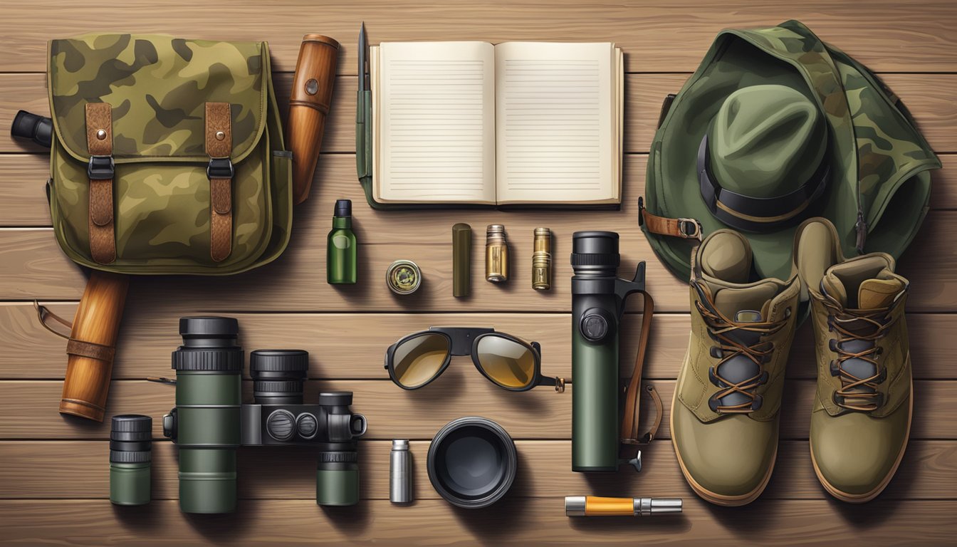 A hunter's gear laid out on a wooden table, including a rifle, ammunition, camouflage clothing, and a pair of binoculars