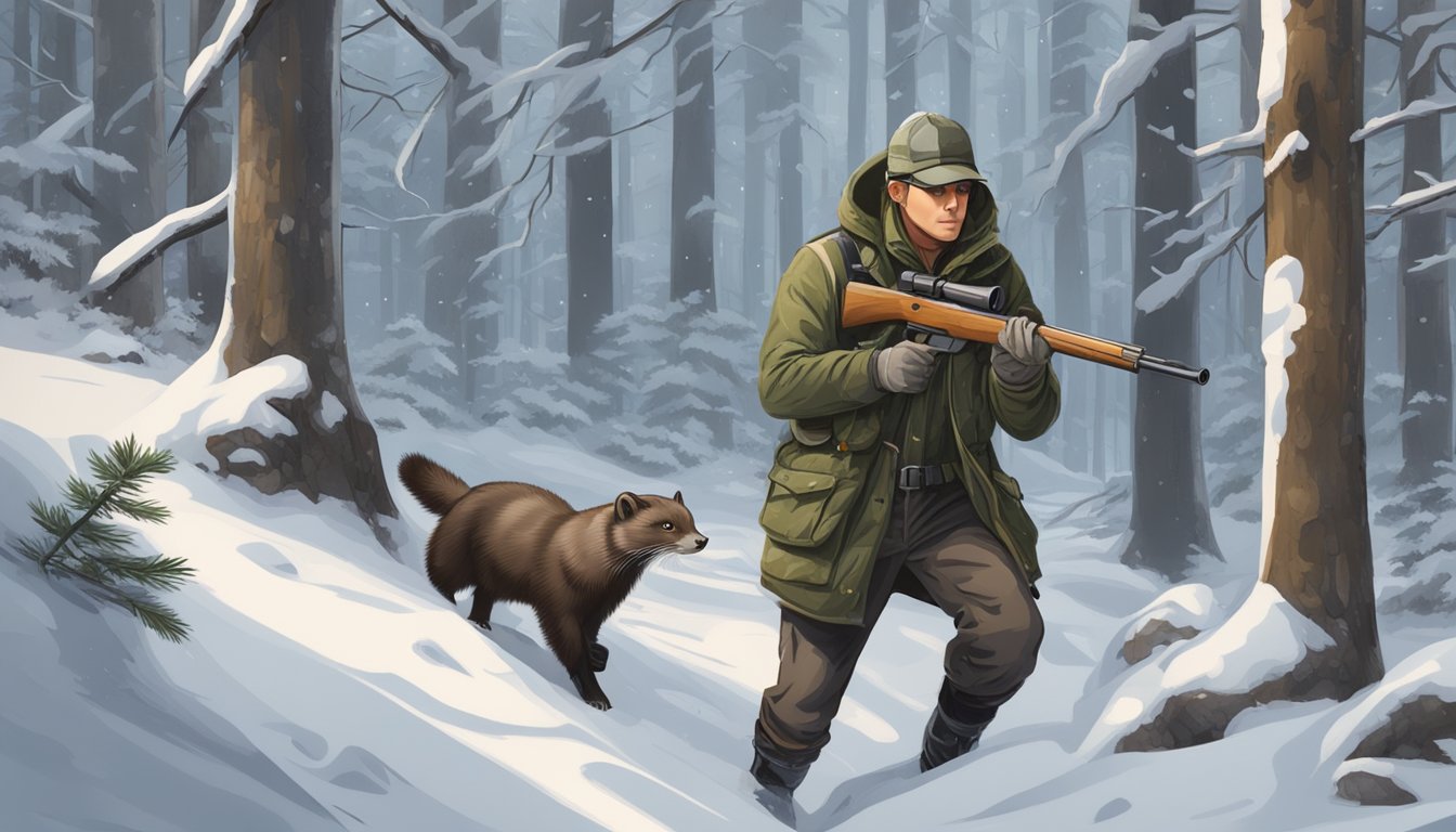 A mink hunter tracking through a snowy forest, rifle in hand, eyes scanning for prey