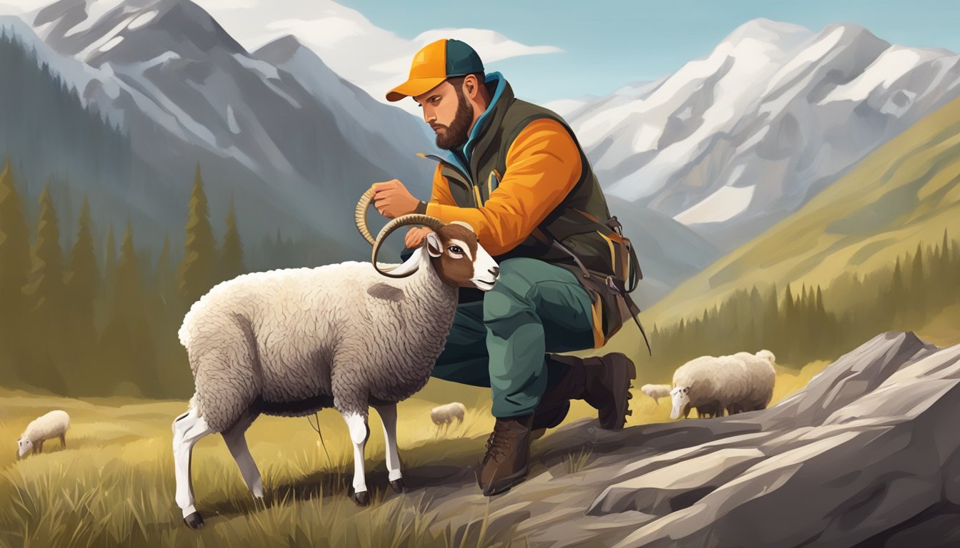 A hunter cleaning and skinning a freshly caught mouflon sheep