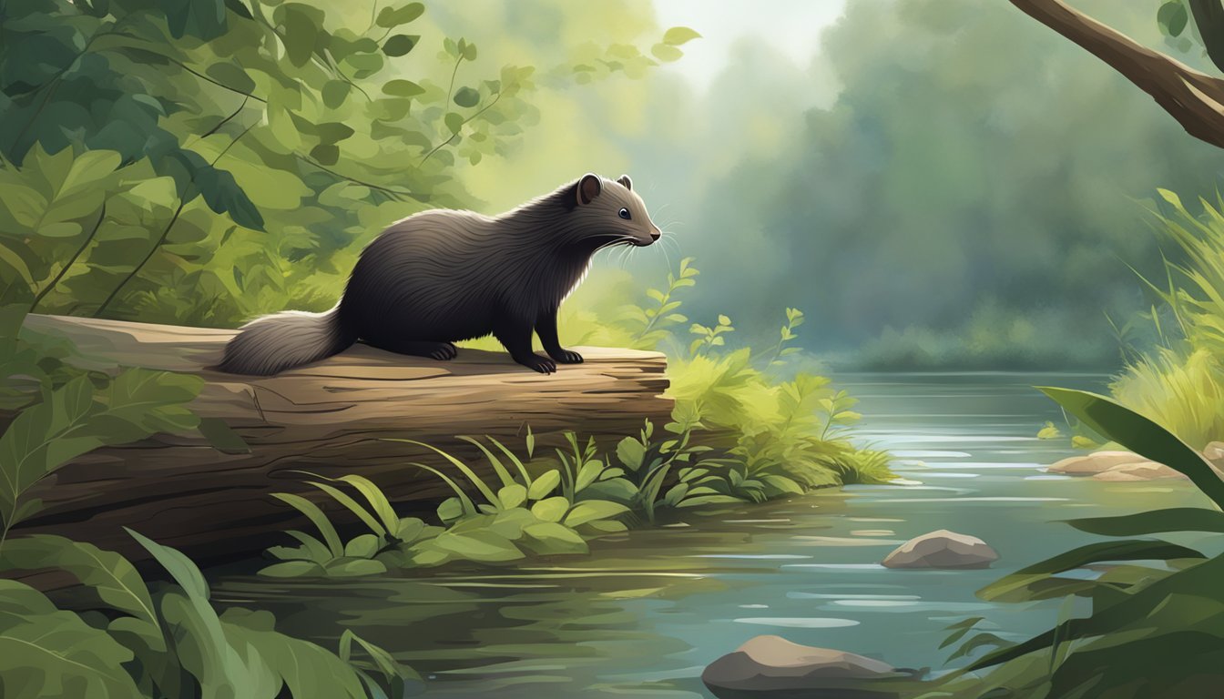 A tranquil riverbank with lush vegetation and a mink peeking out from behind a fallen log