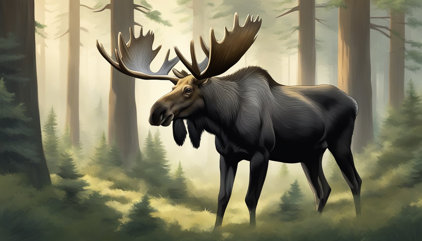 A moose grazing in a forest clearing, surrounded by tall trees and dense foliage, with a serene and peaceful expression