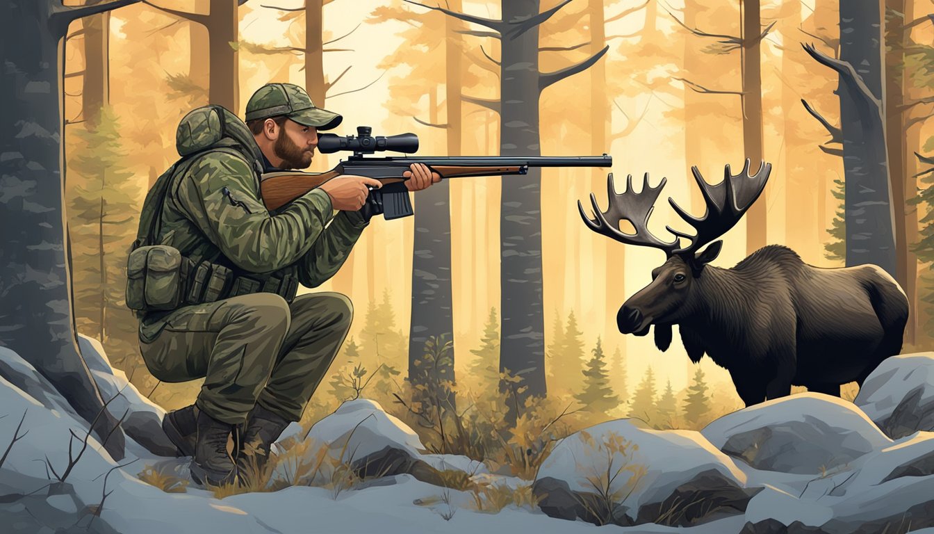 A hunter in camouflage aiming a rifle at a moose in a forest clearing