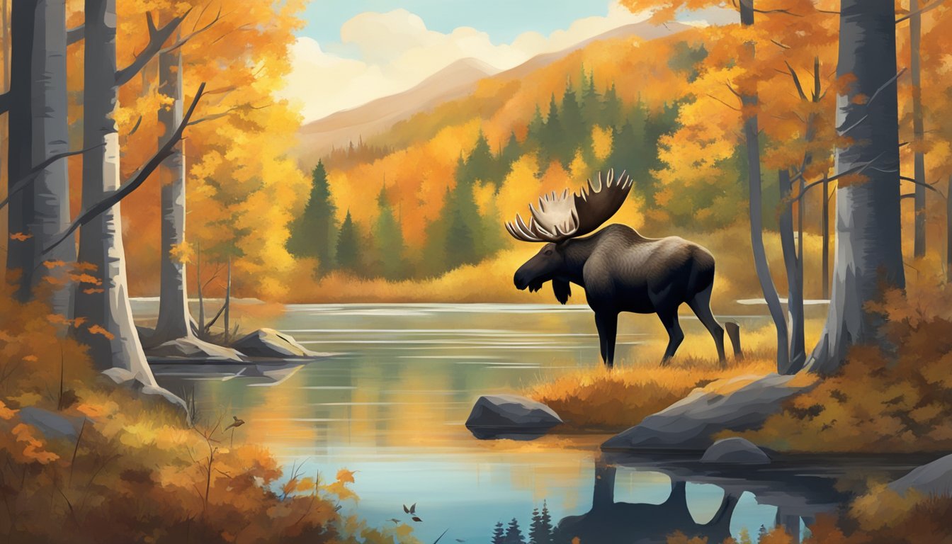 A dense forest with a clearing, where a moose grazes near a tranquil lake. The autumn leaves are vibrant, and the air is crisp with the onset of hunting season