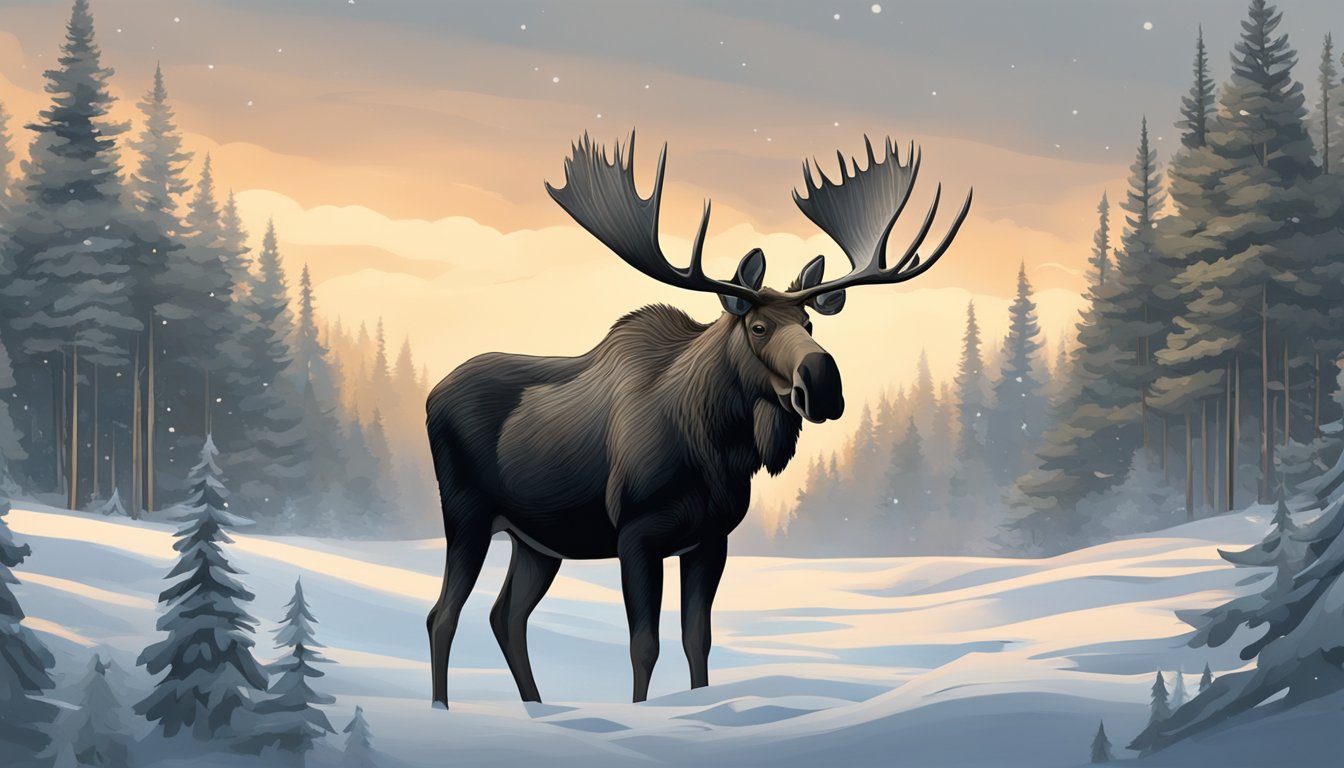 A moose stands in a snow-covered forest, surrounded by tall pine trees and fallen branches. The sky is overcast, and a hunter's cabin is visible in the distance