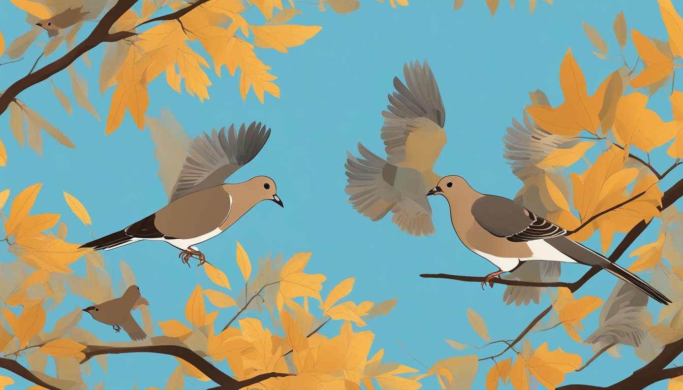 A serene autumn forest with a clear blue sky, scattered with mourning doves in flight and perched on tree branches