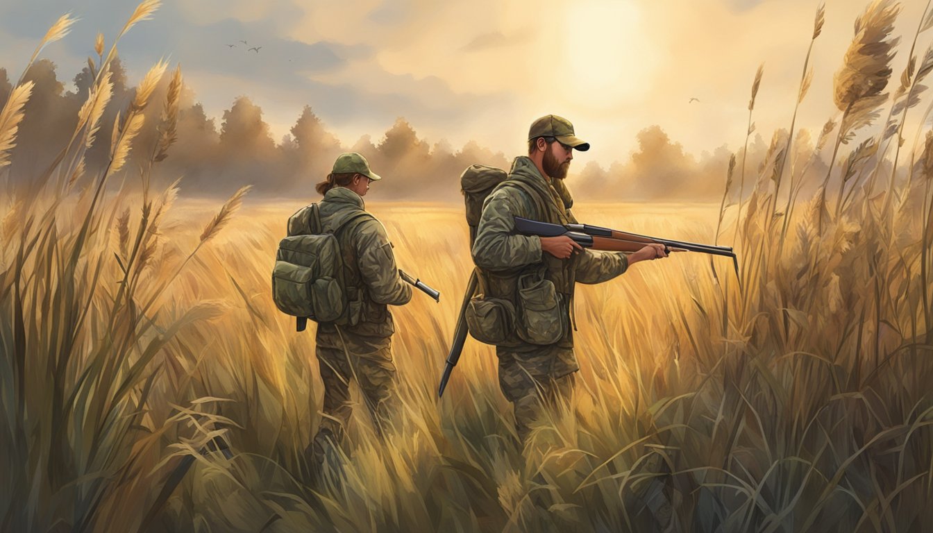 A hunter in camouflage gear loads shotgun in a field of tall grass, with a hunting dog at their side