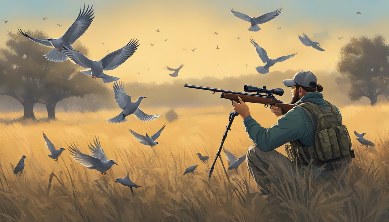 A hunter crouches in a field, camouflaged against the brush, aiming a shotgun at a flock of mourning doves flying overhead