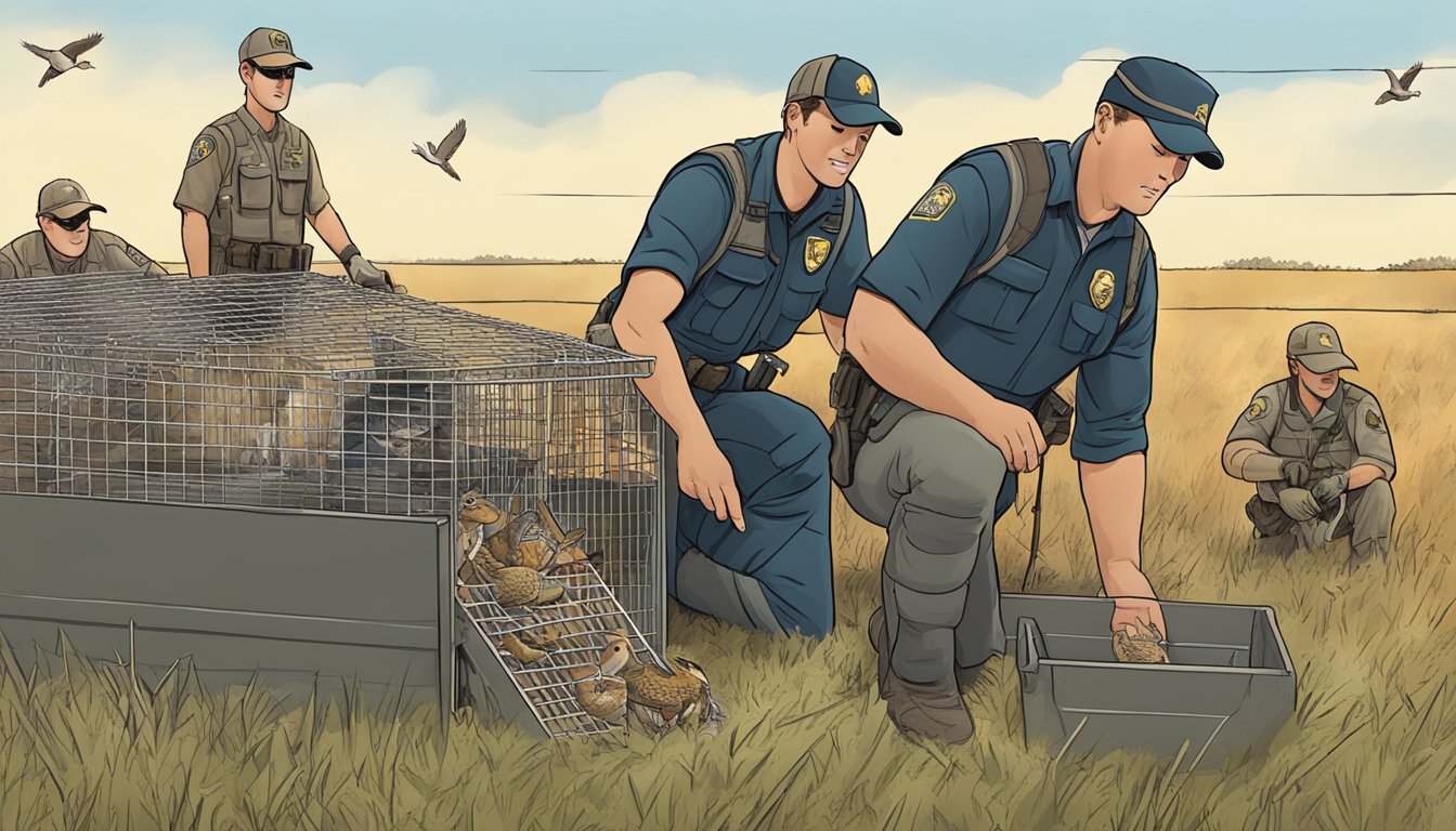 A hunter releasing a mourning dove from a trap, with conservation officers monitoring the hunting season