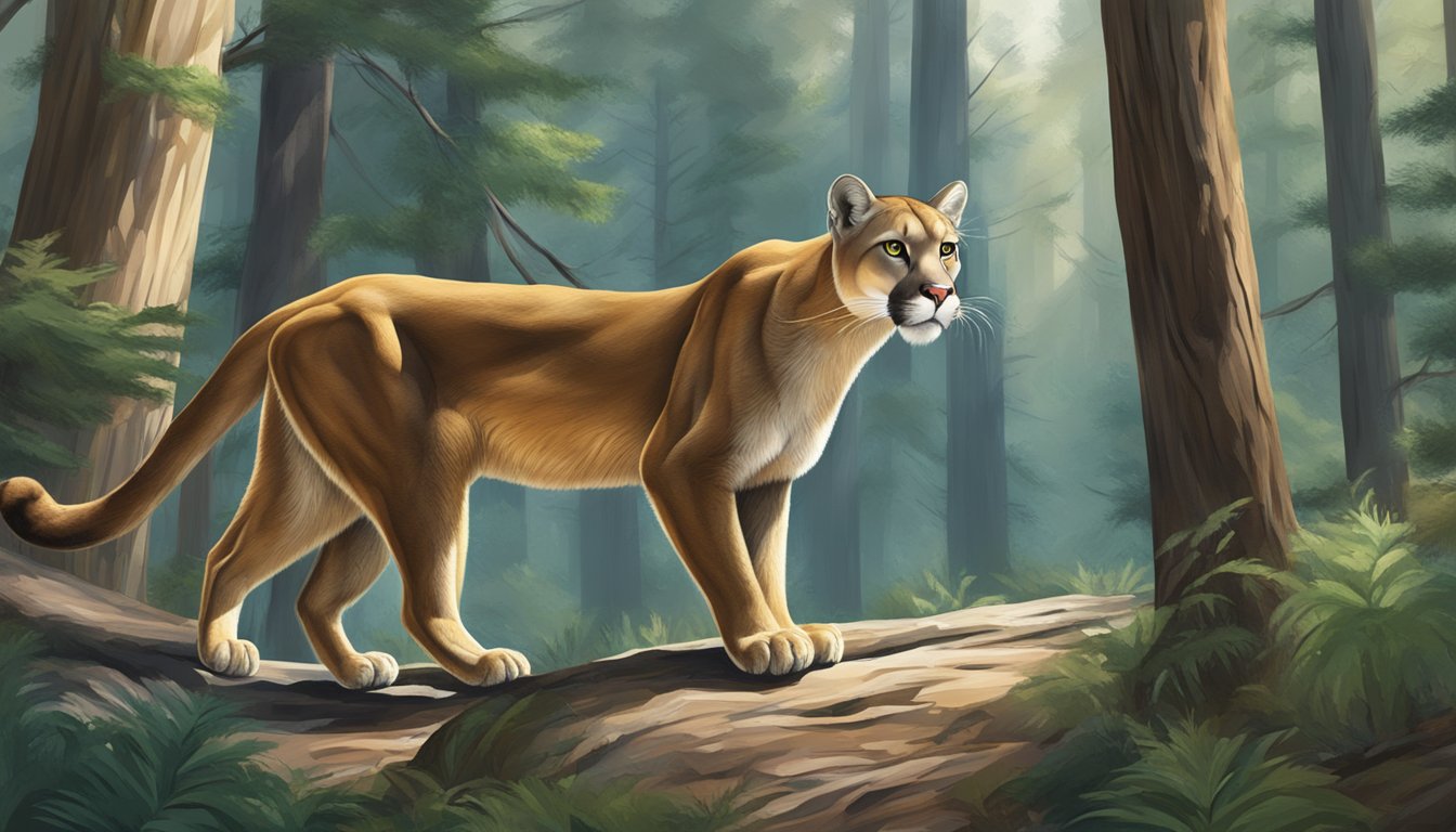 A mountain lion prowls through a dense forest, its powerful form and intense gaze capturing the essence of wildlife management and conservation efforts