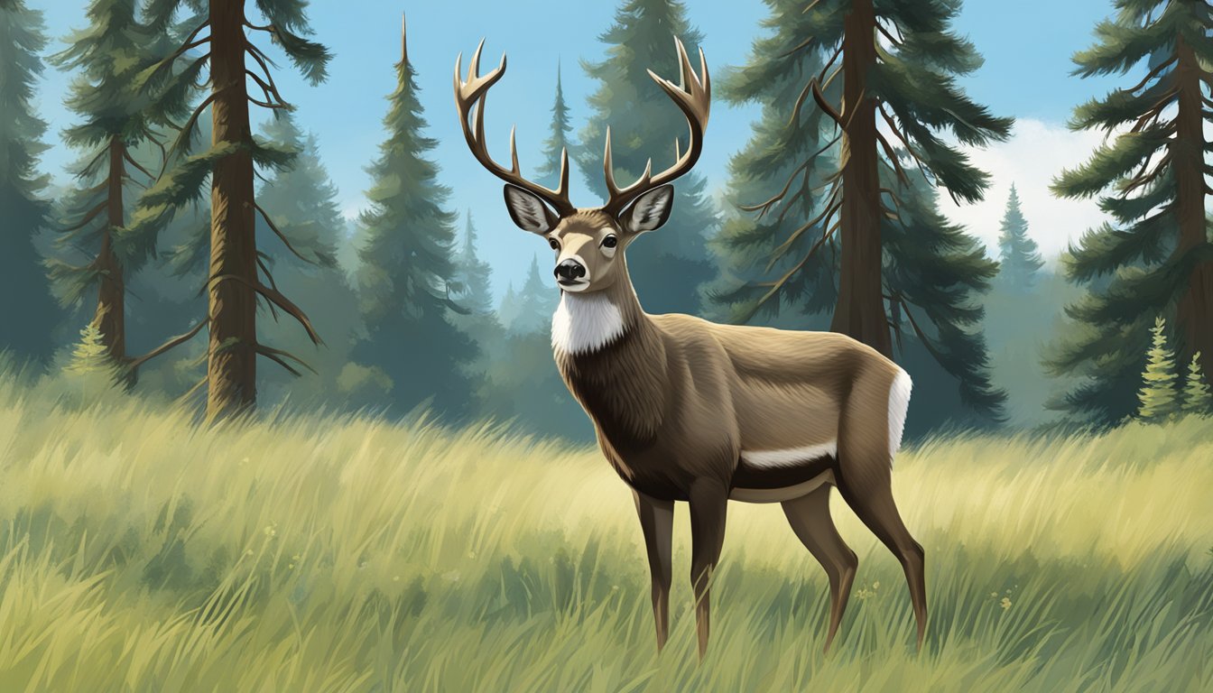 A mule deer stands in a grassy meadow, surrounded by tall trees and a clear blue sky