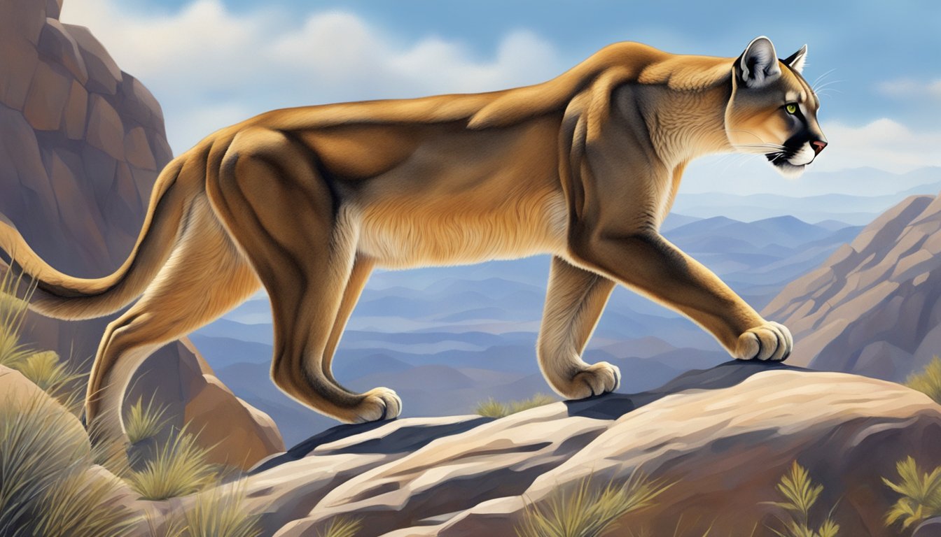 A mountain lion prowls through a rocky terrain, its sleek body poised for a hunt. The rugged landscape and intense focus of the predator capture the essence of hunting season