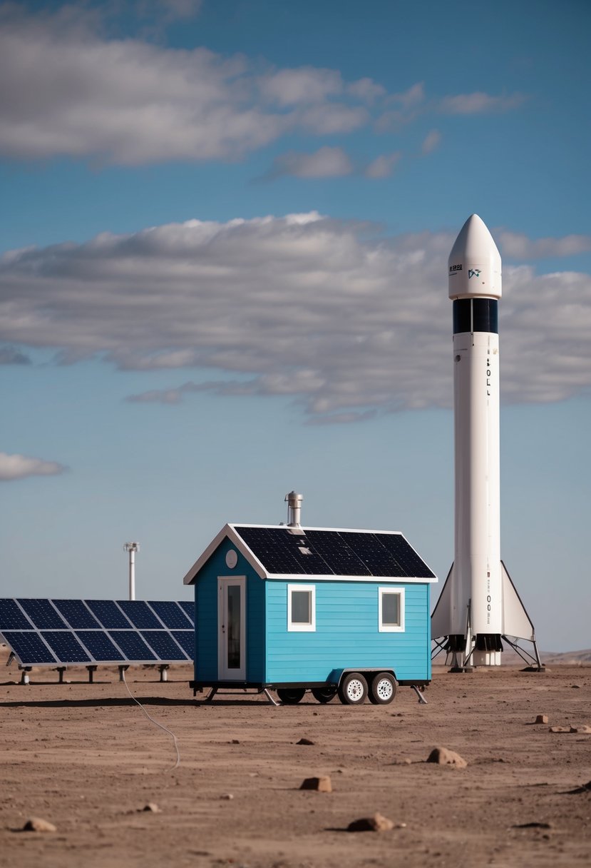 Elon Musk's tiny house on Mars, with solar panels and a SpaceX rocket in the background