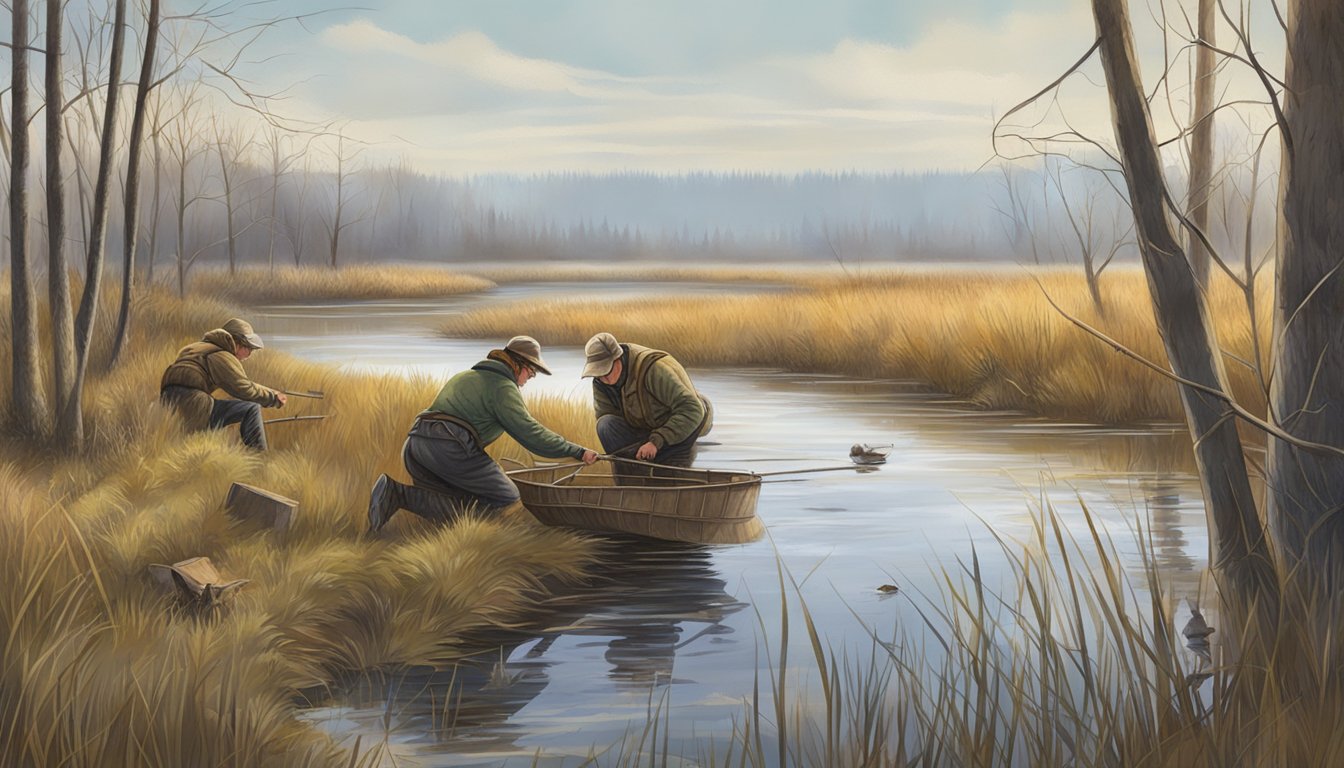 Muskrat hunters setting traps along a marshy riverbank