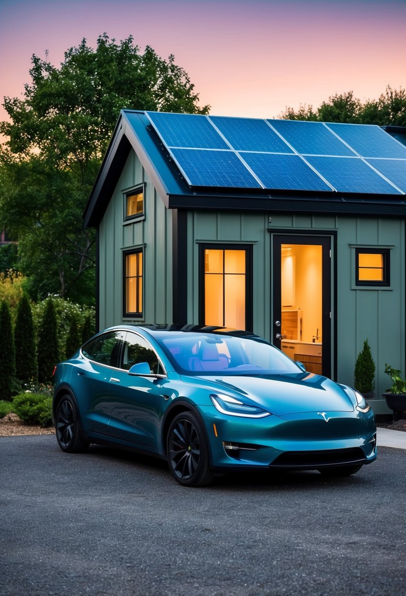 A sleek Tesla electric car parked outside a modern, eco-friendly tiny house with solar panels and a garden