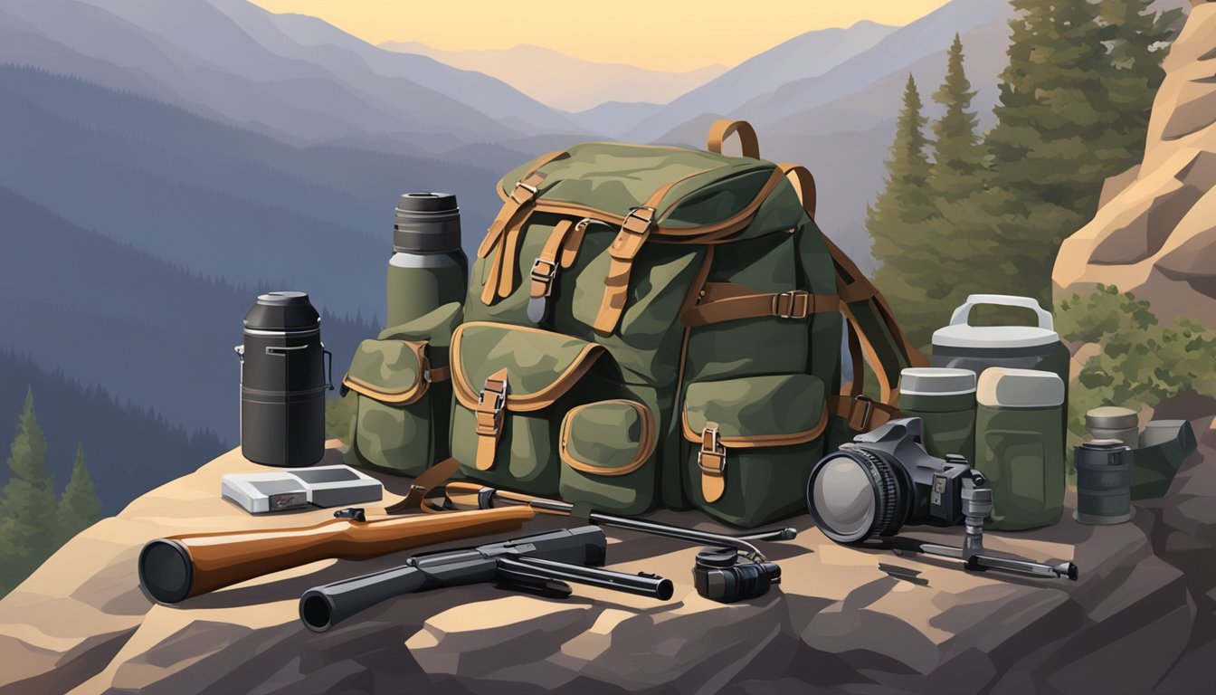 A hunter's backpack, rifle, and camouflage gear laid out on a rocky ledge in the early morning light of mountain lion hunting season