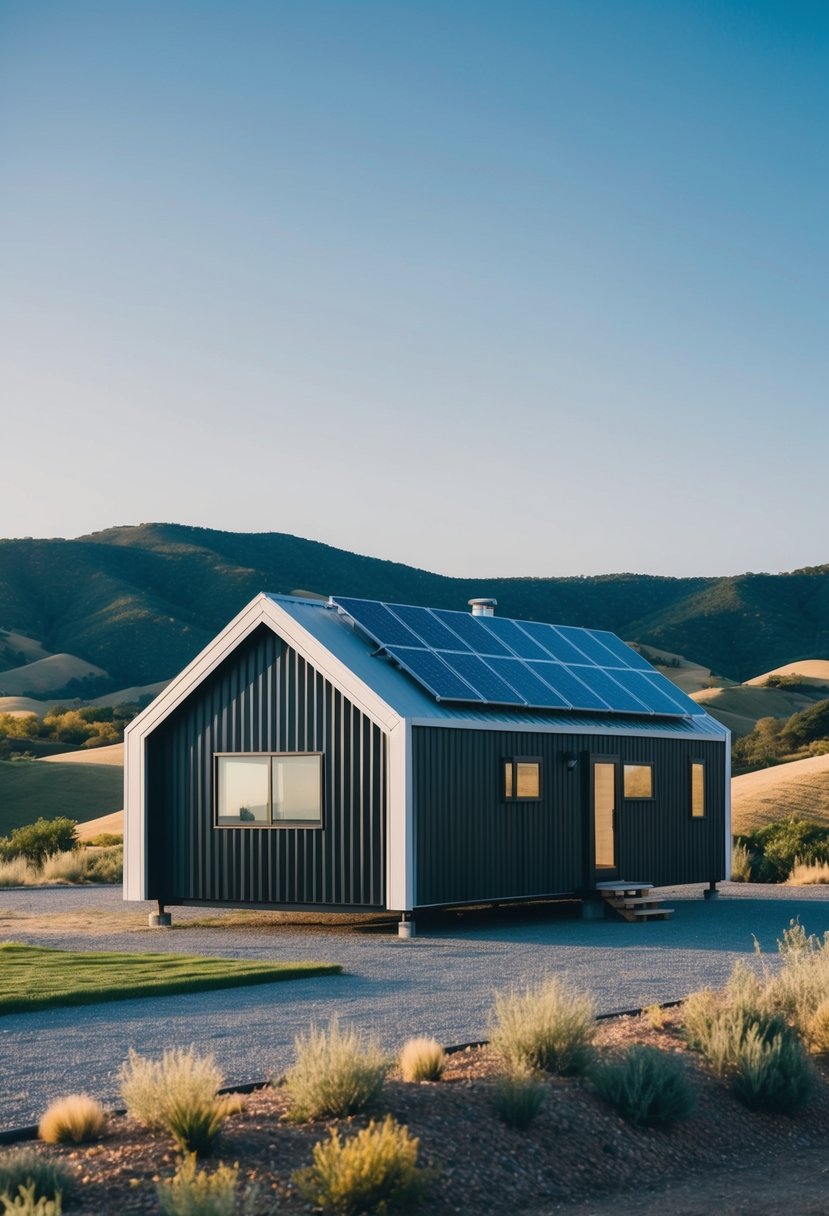 A modern Casita prefab home with sleek design and solar panels, set against a scenic backdrop of rolling hills and clear blue skies