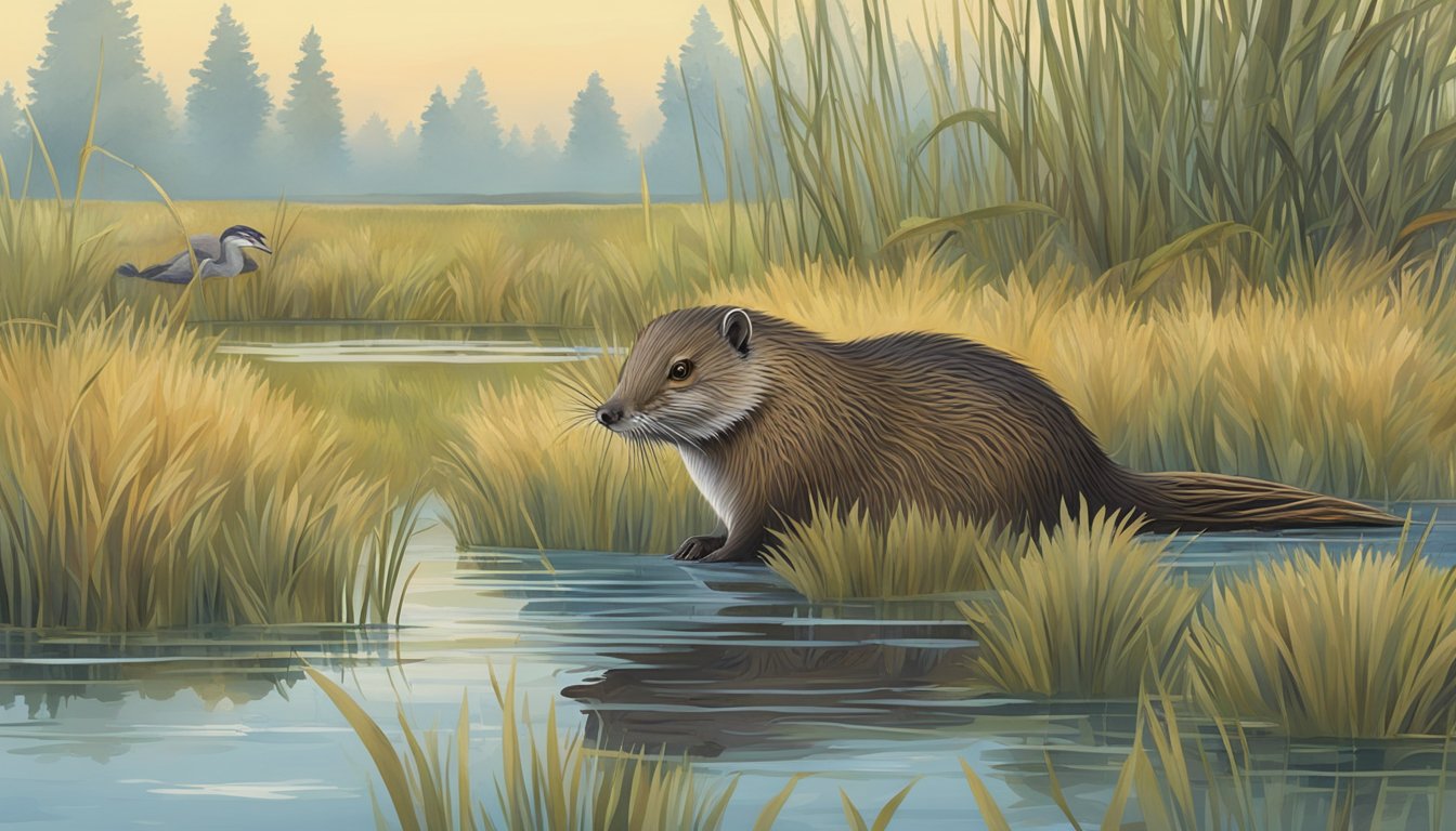 A muskrat swimming in a wetland, while a heron patiently waits nearby, and a fox lurks in the background