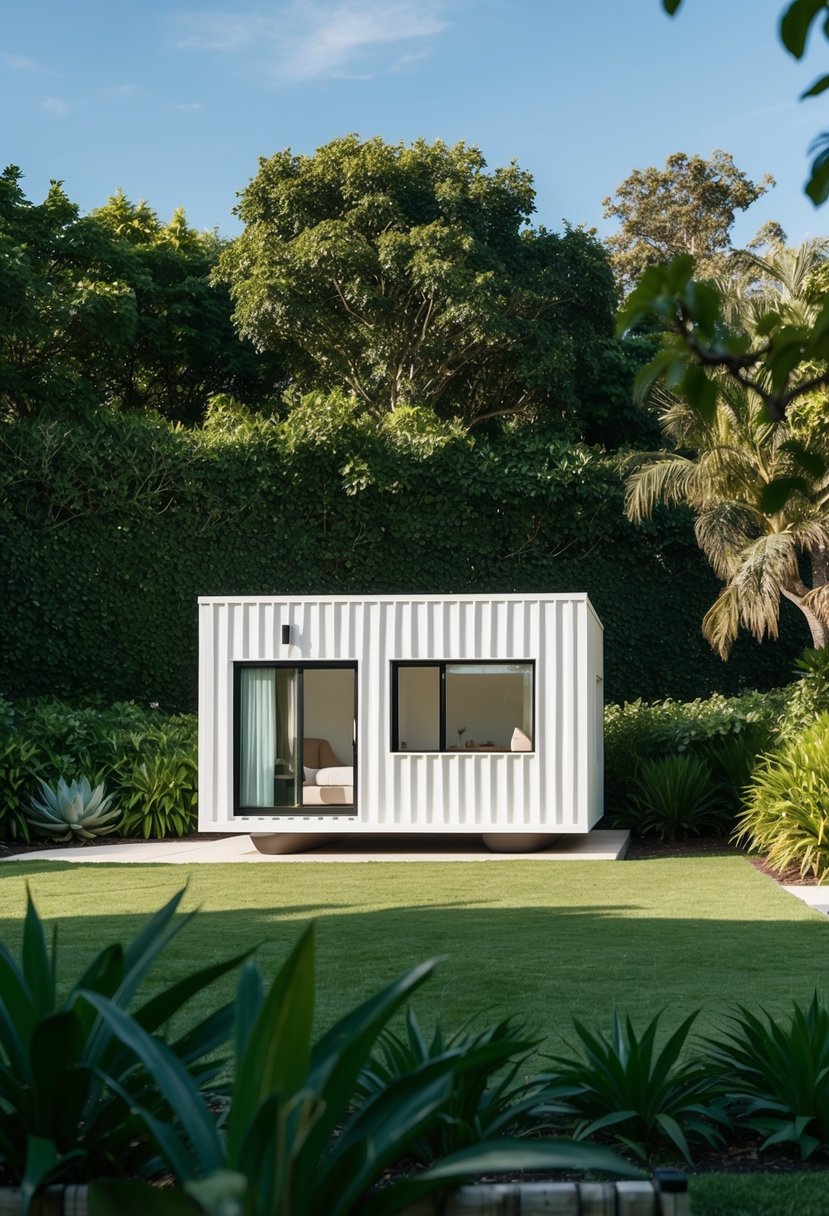 The Boxabl Casita stands against a backdrop of lush greenery, showcasing its innovative design features and modern aesthetic