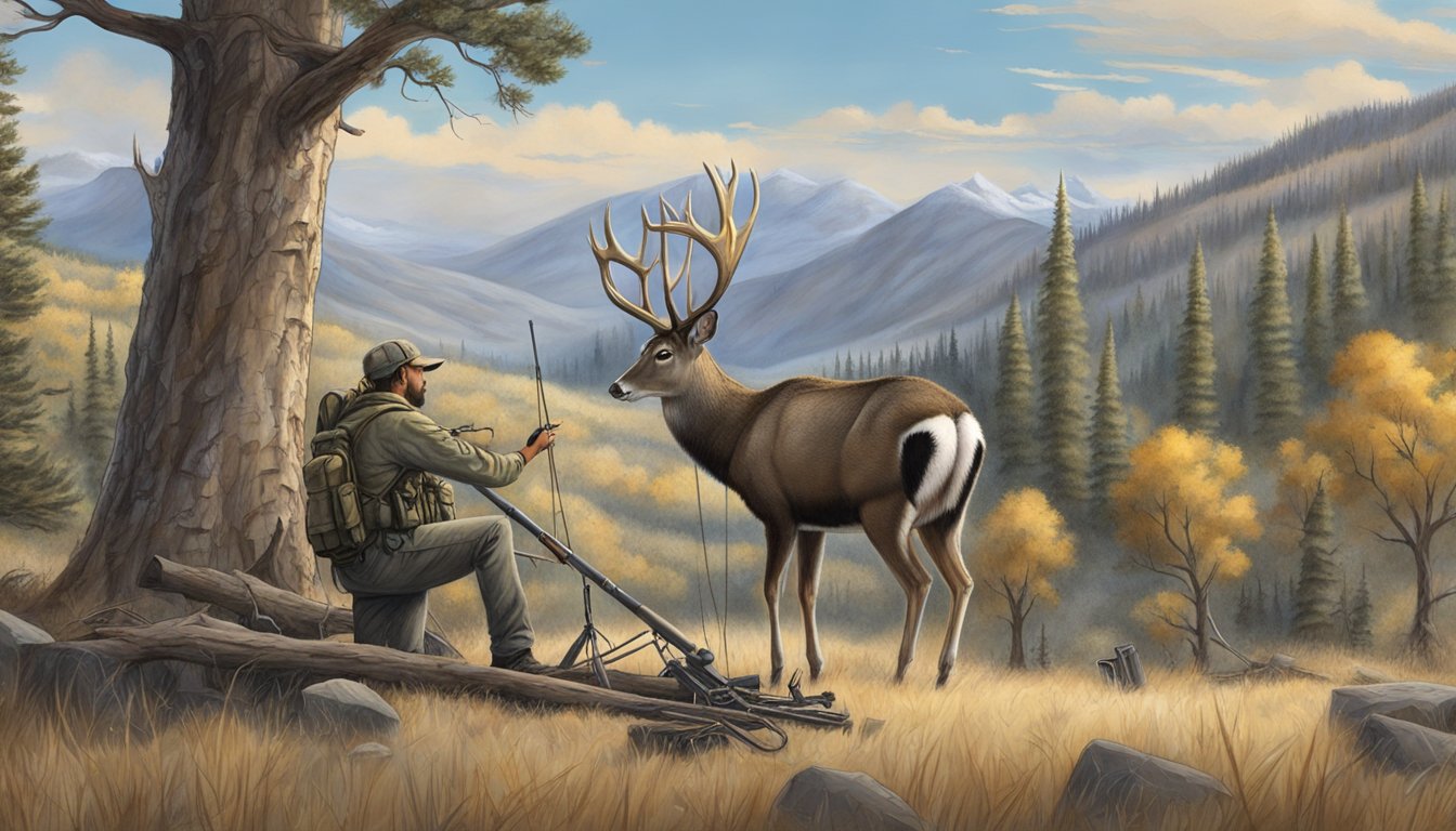 A mule deer hangs from a tree, its antlers pointing upwards, while a hunter cleans their equipment nearby