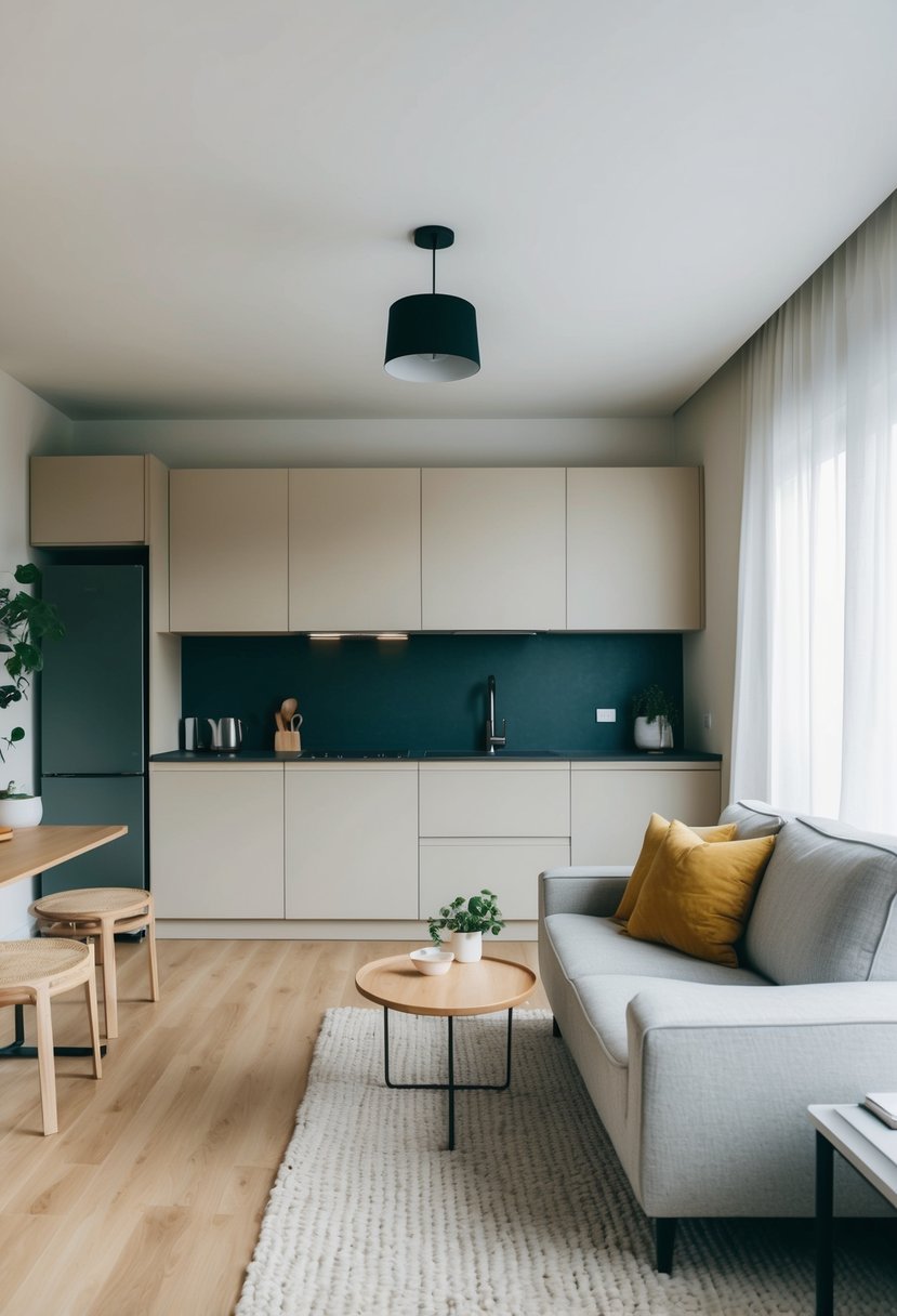 A cozy living room with a minimalist design, featuring a small kitchen, a comfortable seating area, and a compact workspace