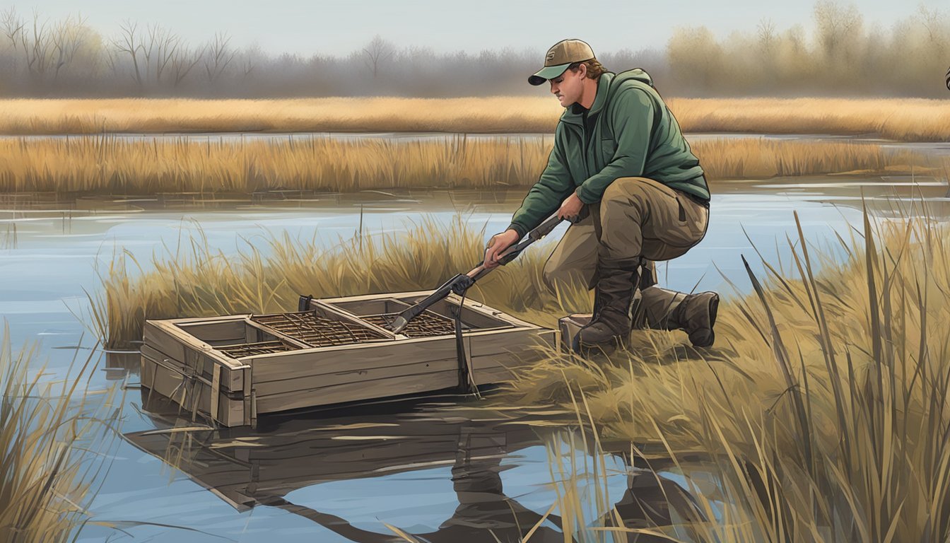 A hunter setting up traps along a marshy riverbank during muskrat hunting season