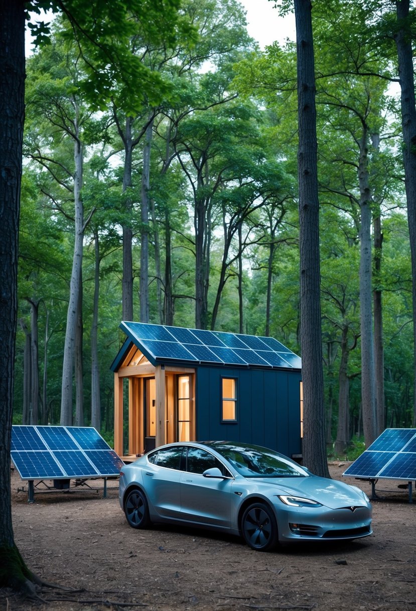 Elon Musk's tiny house nestled in a serene forest clearing, surrounded by solar panels and a sleek electric car parked outside