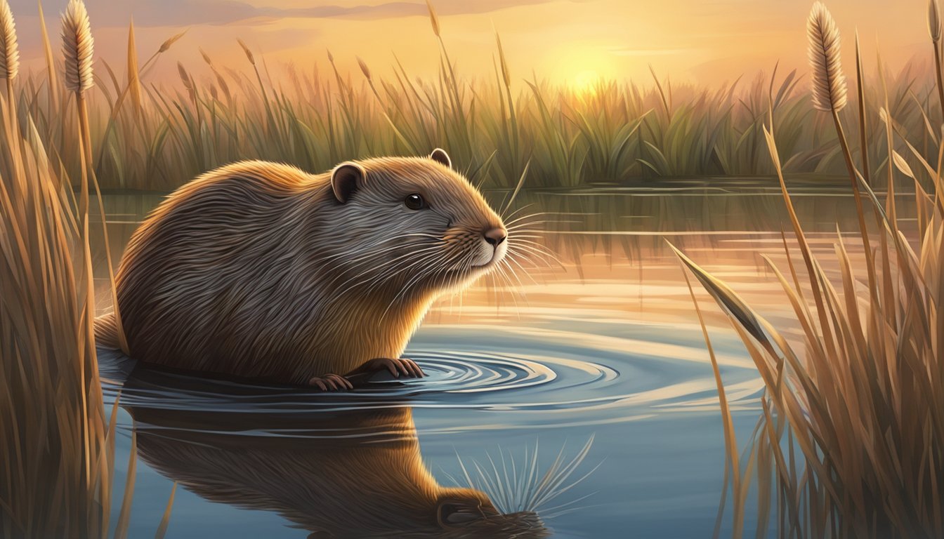 A muskrat swimming in a peaceful wetland, surrounded by tall grasses and cattails, as the sun sets in the distance