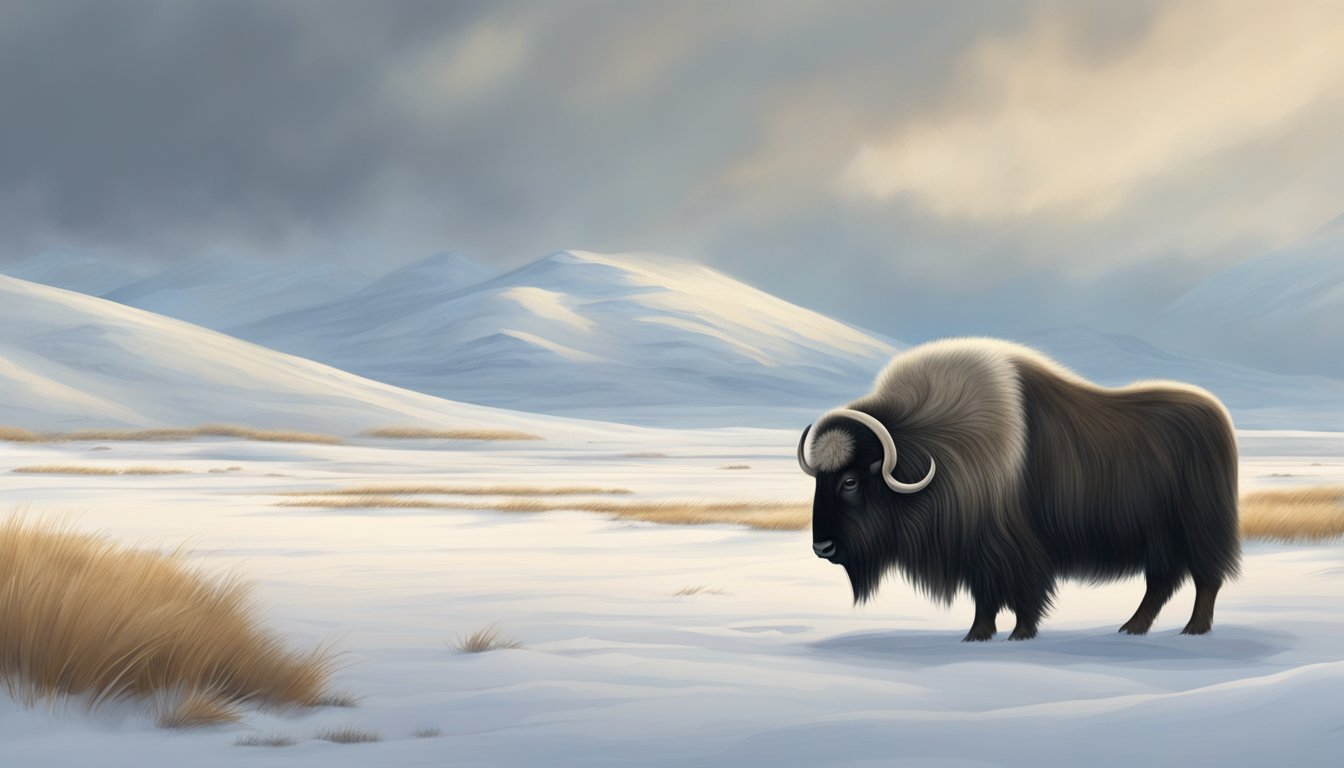 A lone muskox stands on a snowy tundra, its thick fur blending into the landscape as it grazes beneath a vast, overcast sky