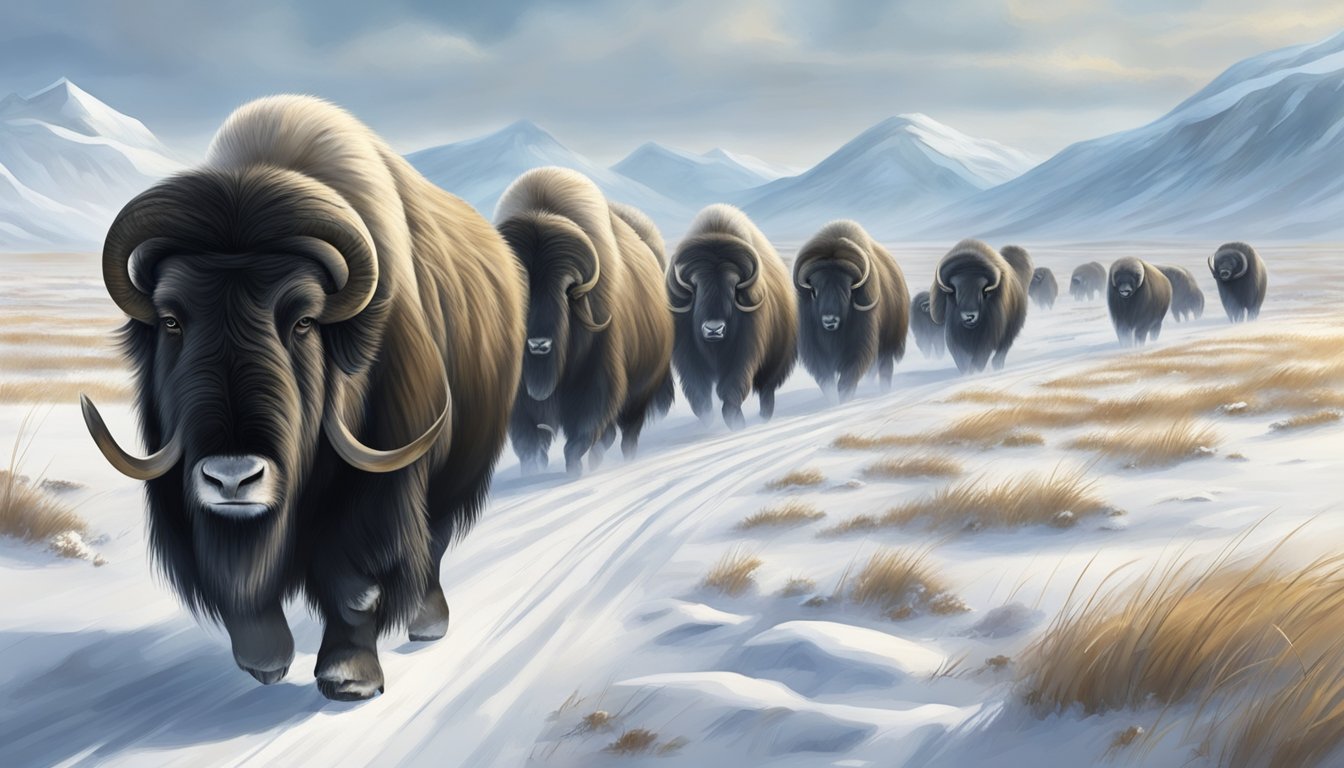 A group of muskoxen roam the snowy tundra as hunters track them during the global muskox hunting season