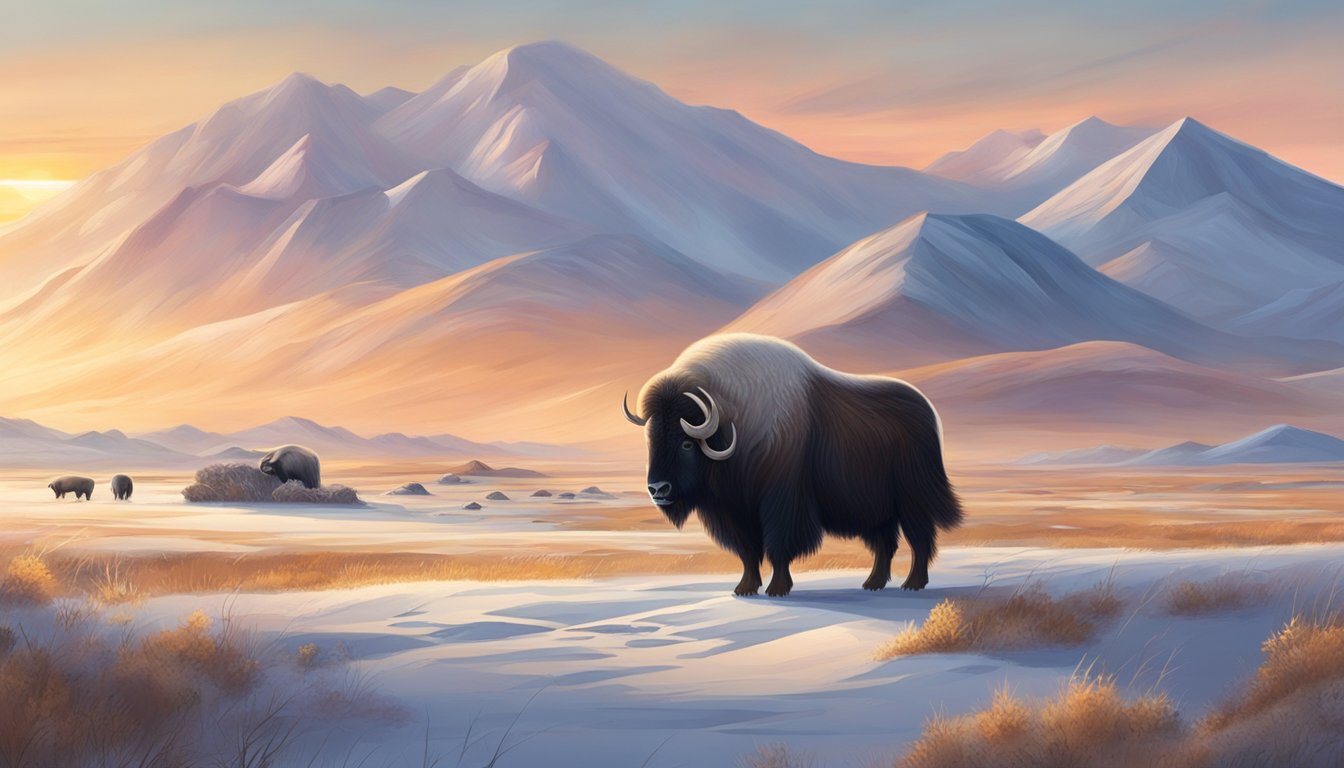 A muskox grazing on tundra as the sun sets, with mountains in the background and a hunter observing from a distance