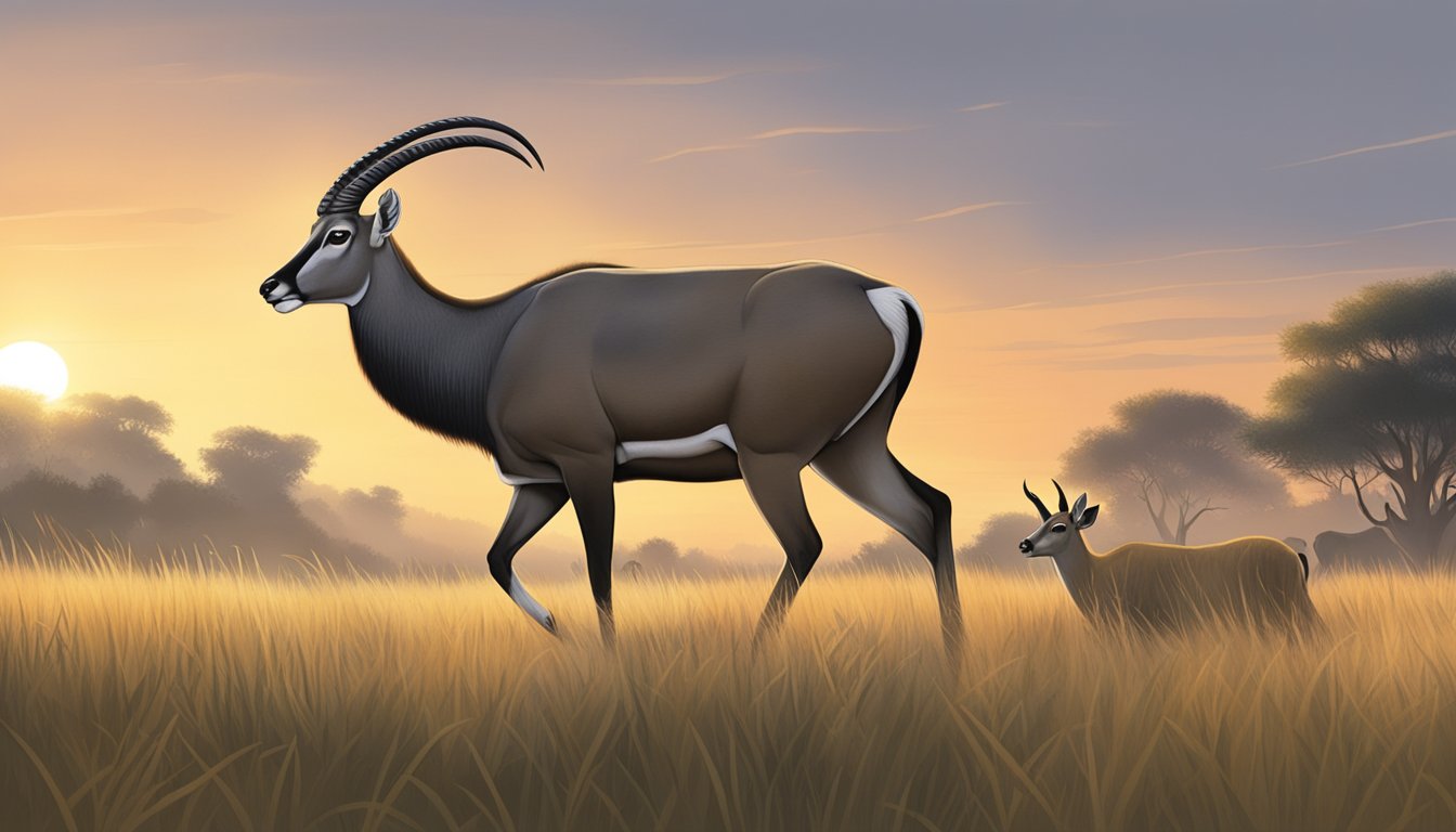 A hunter stalking a nilgai antelope in a grassy field at dawn