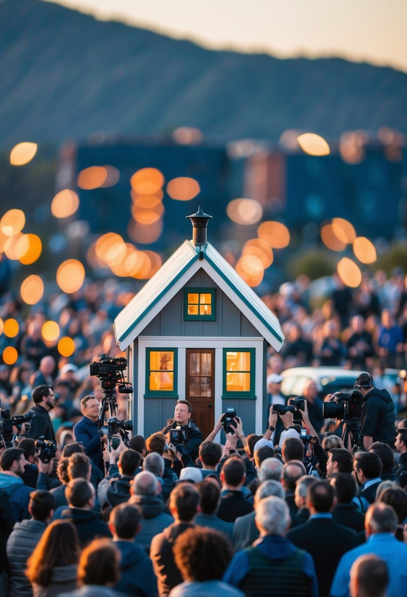 Elon Musk's tiny house surrounded by cameras and crowds