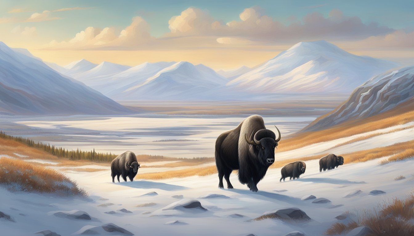 A snowy tundra with muskoxen grazing, distant mountains, and hunters in the background