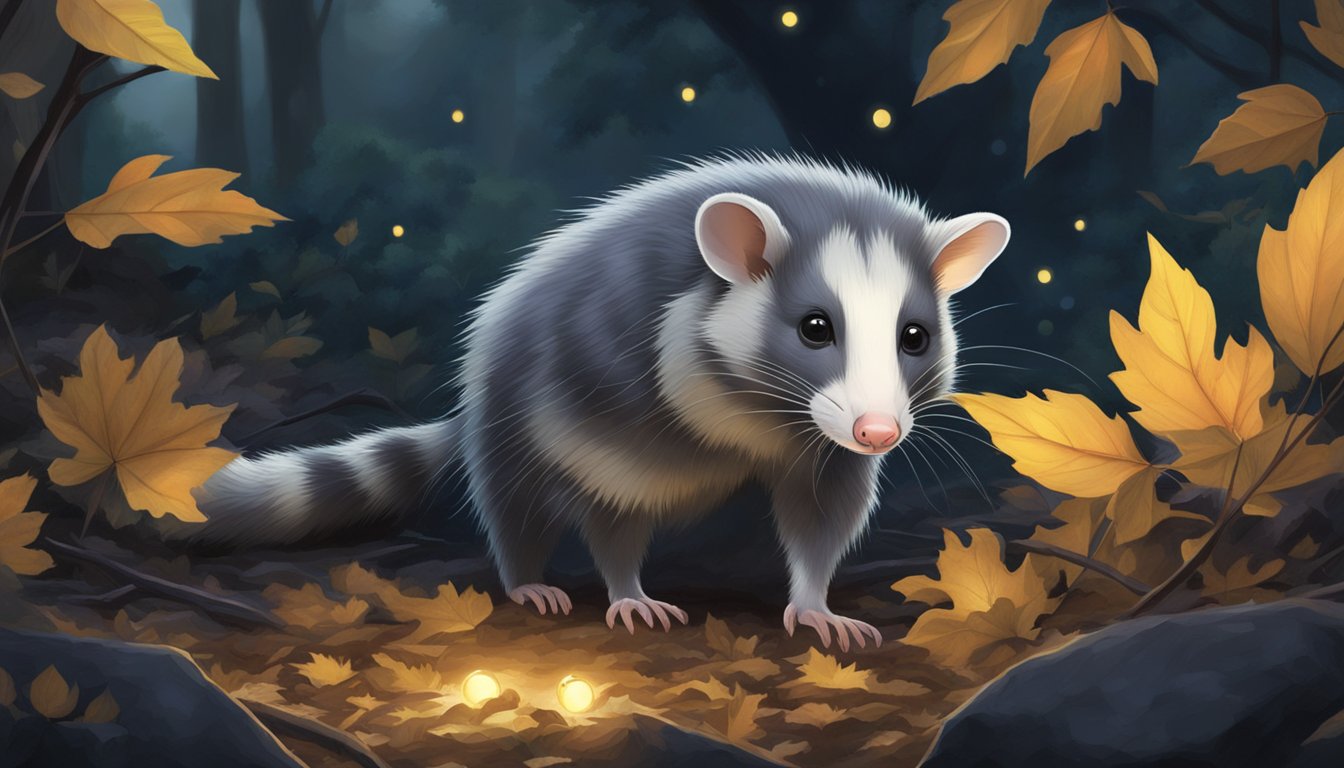 An opossum foraging in the moonlit forest, surrounded by fallen leaves and the glow of fireflies