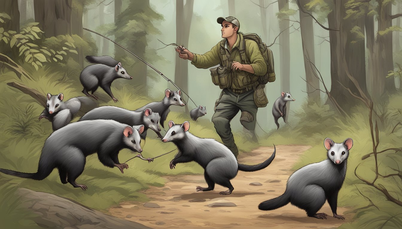 A hunter releasing a pack of trained opossums into a designated hunting area