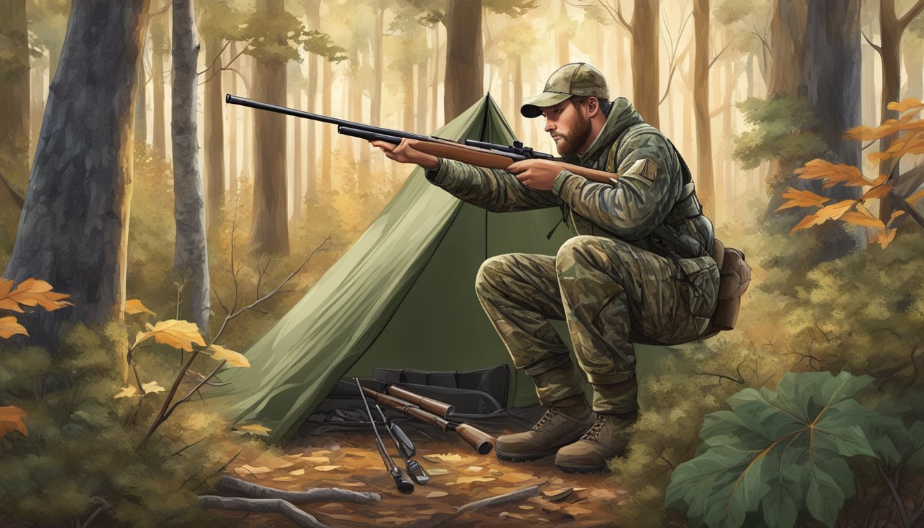 A hunter setting up a camouflage blind in the woods, surrounded by trees and bushes, with a rifle and hunting gear nearby