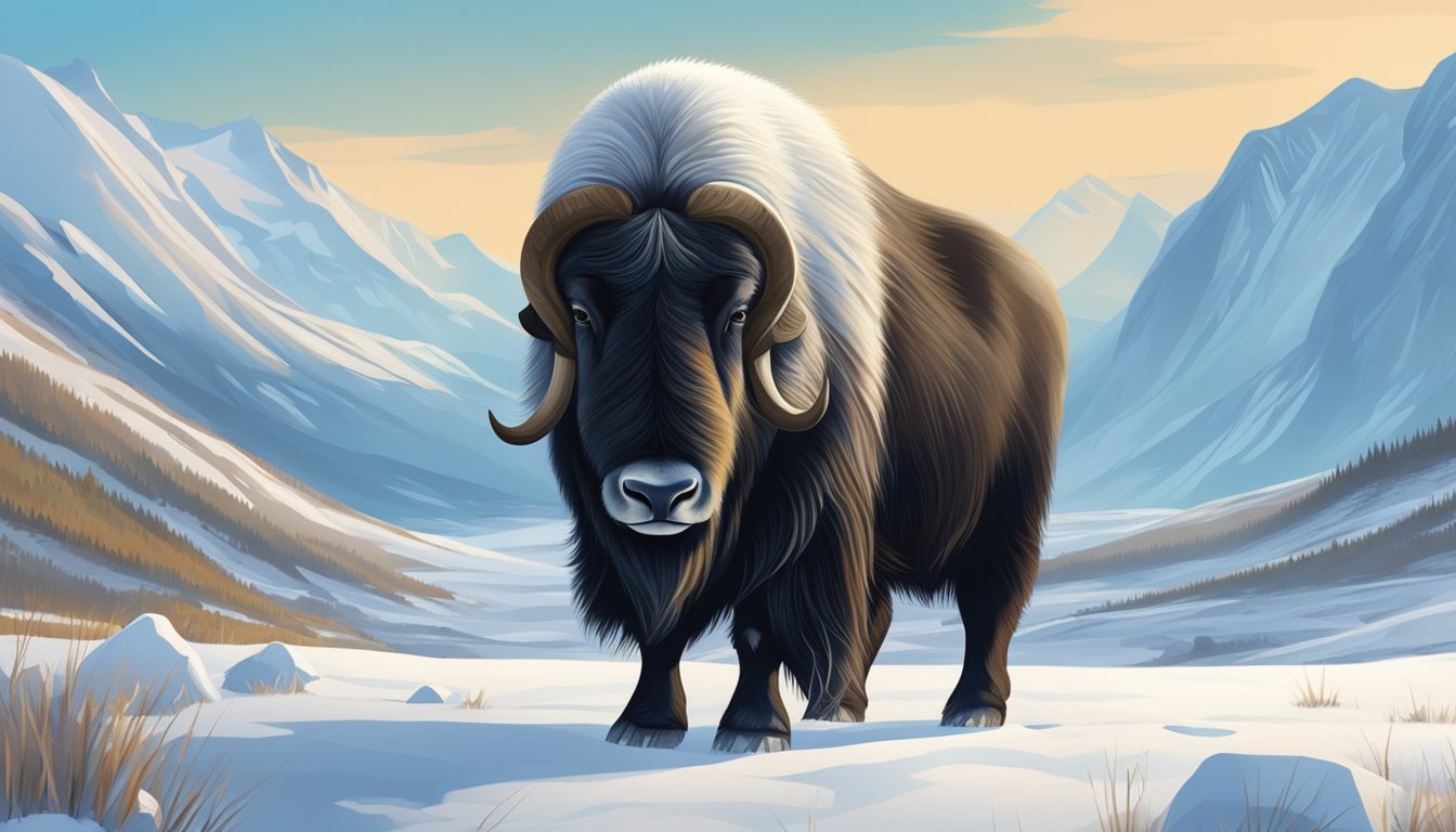 A muskox grazes peacefully in a vast, snow-covered tundra, surrounded by a backdrop of icy mountains and clear blue skies