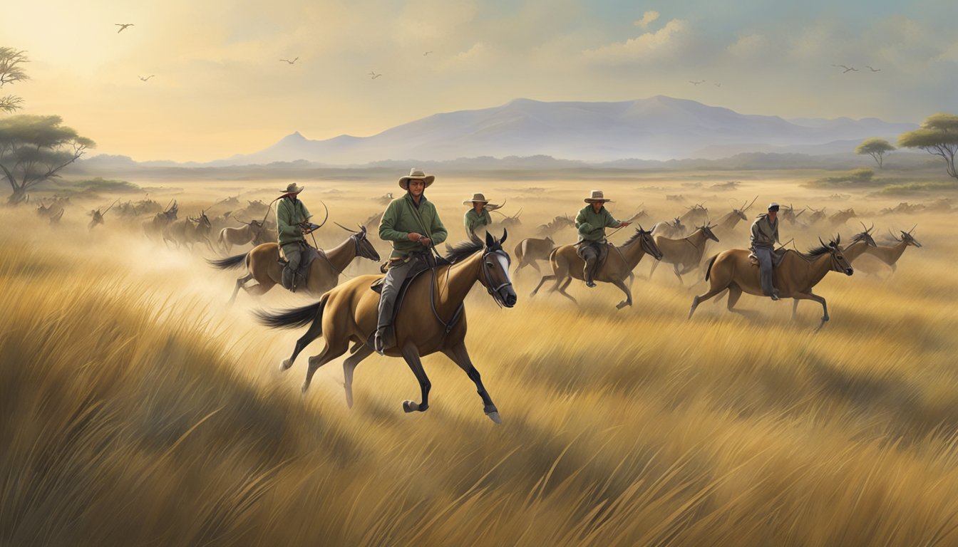 A group of hunters on horseback chasing a herd of nilgai antelope across a vast, open grassland