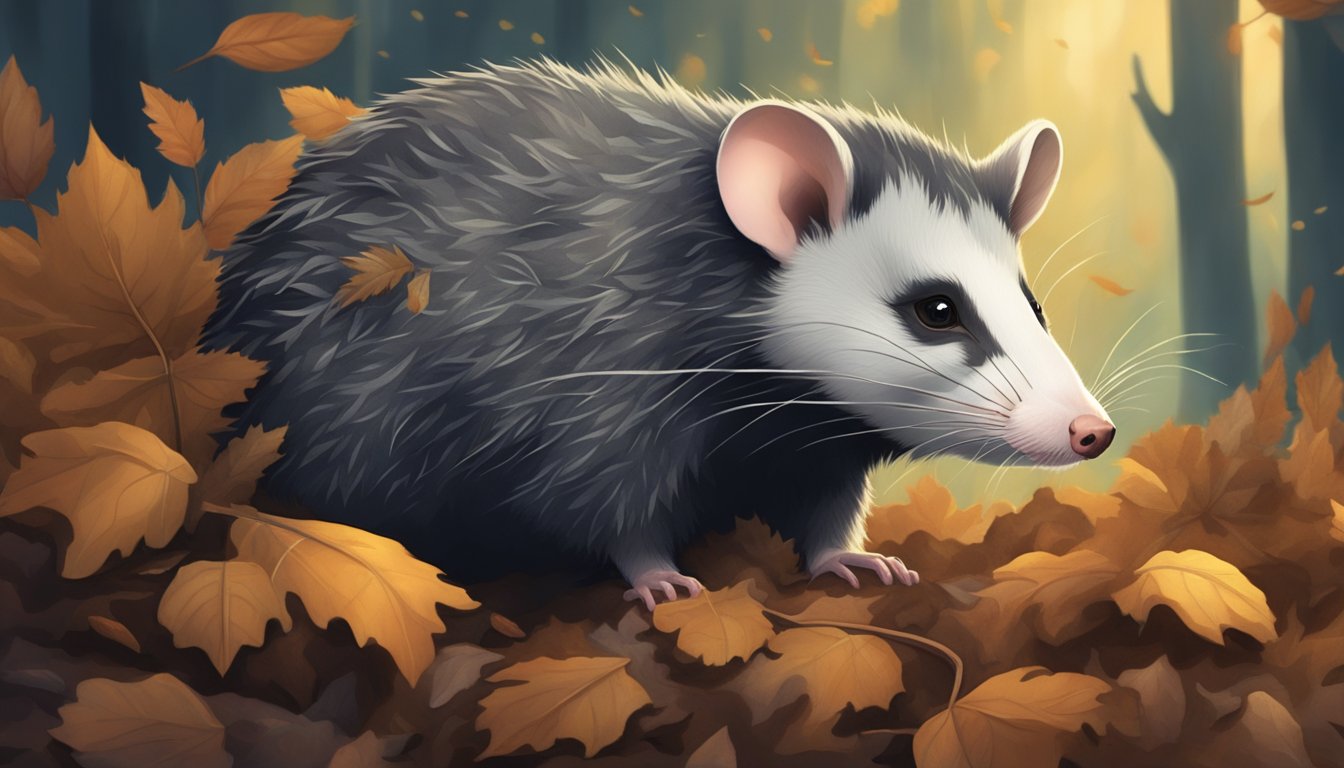 An opossum camouflaged among fallen leaves, cautiously sniffing the air for predators while scavenging for food in the moonlit forest